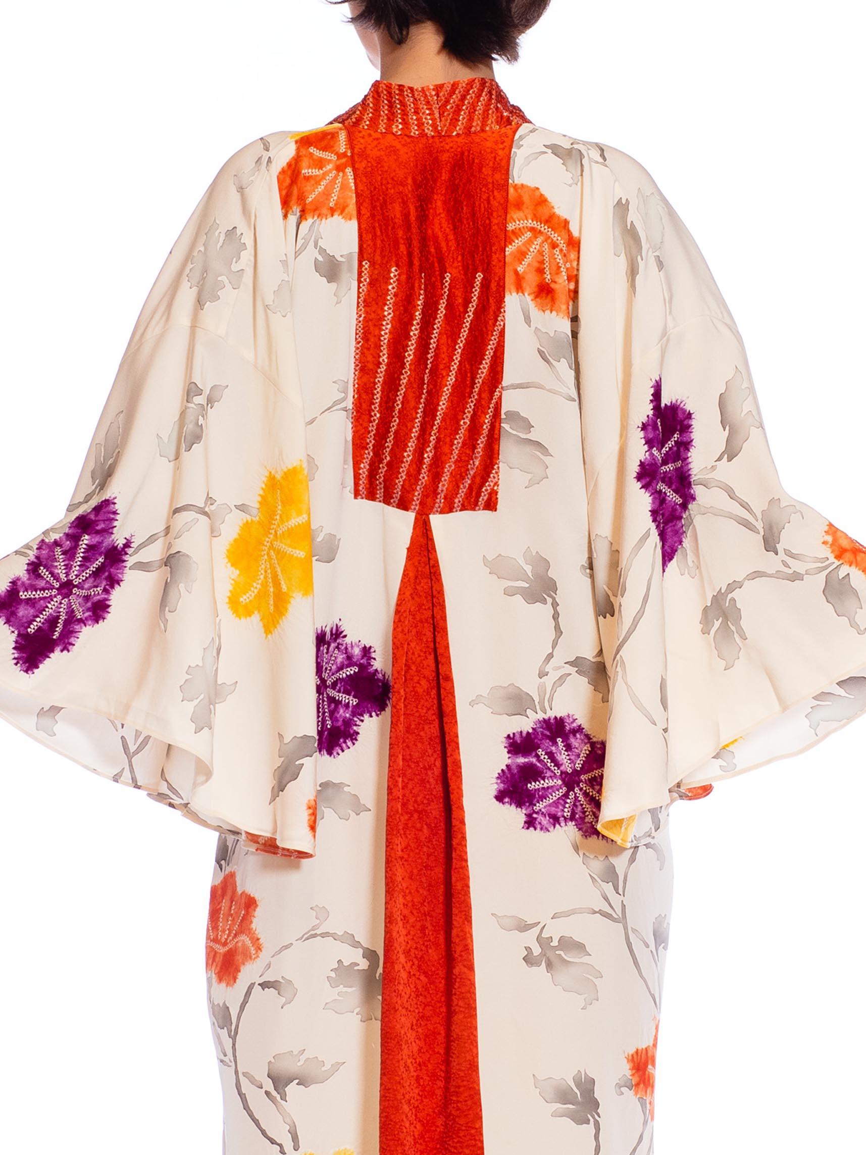 MORPHEW COLLECTION Cream Japanese Kimono Silk Hand Painted Floral Kaftan With B 1