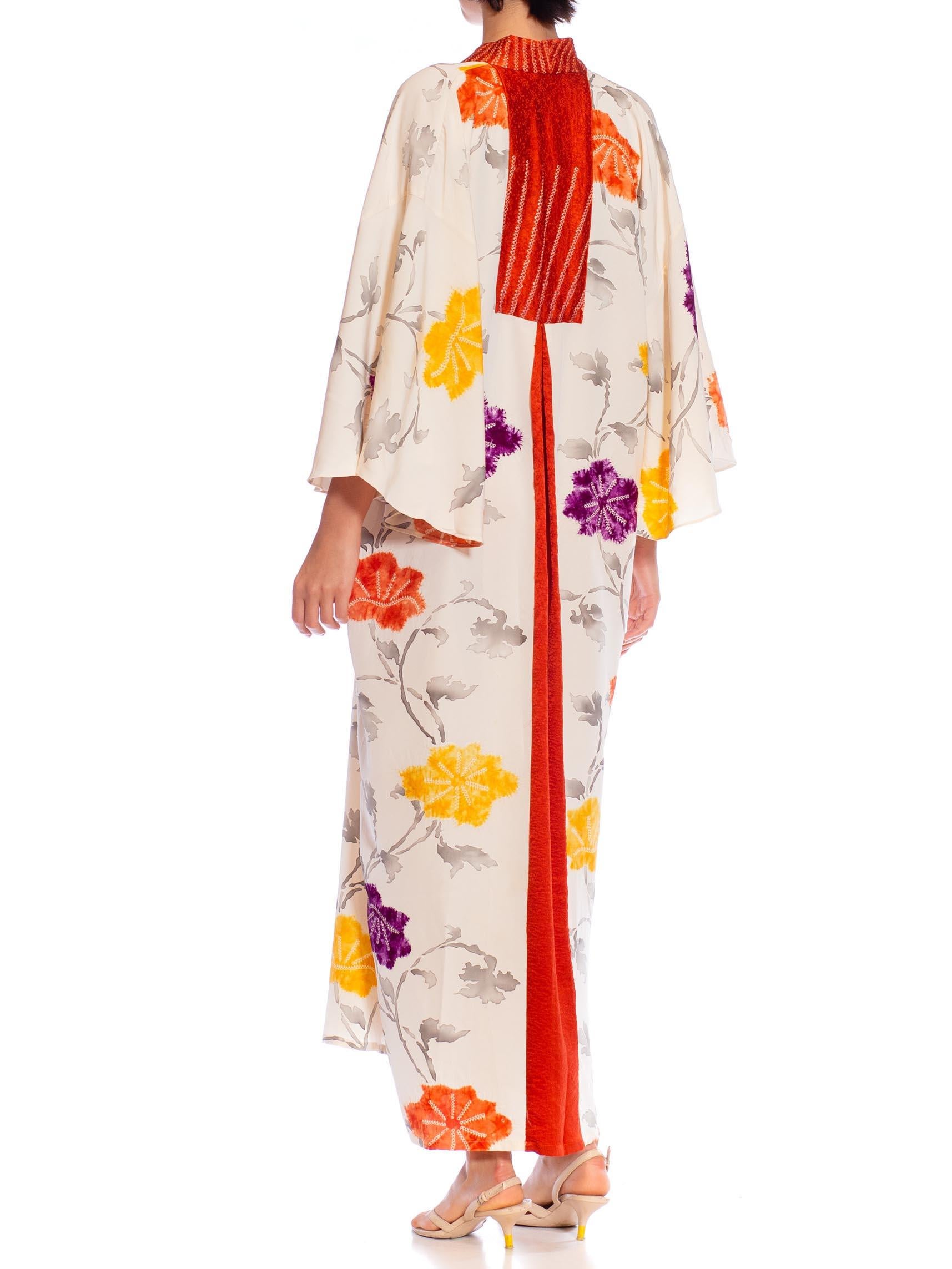 MORPHEW COLLECTION Cream Japanese Kimono Silk Hand Painted Floral Kaftan With B 3