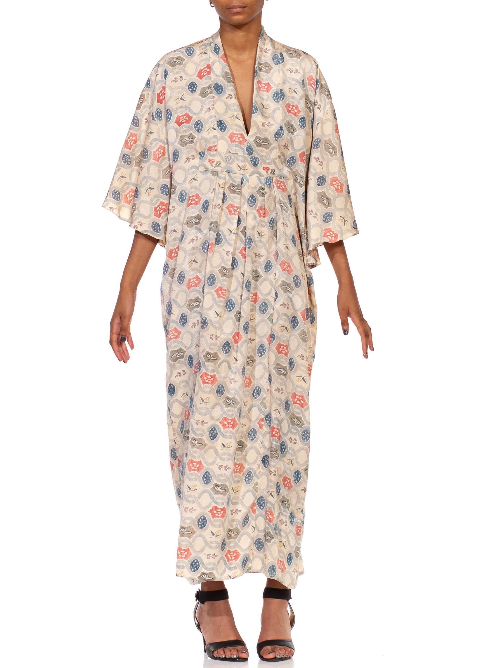MORPHEW COLLECTION Cream & Light Blue Silk Hand Block Printed Kaftan Made From  For Sale 4