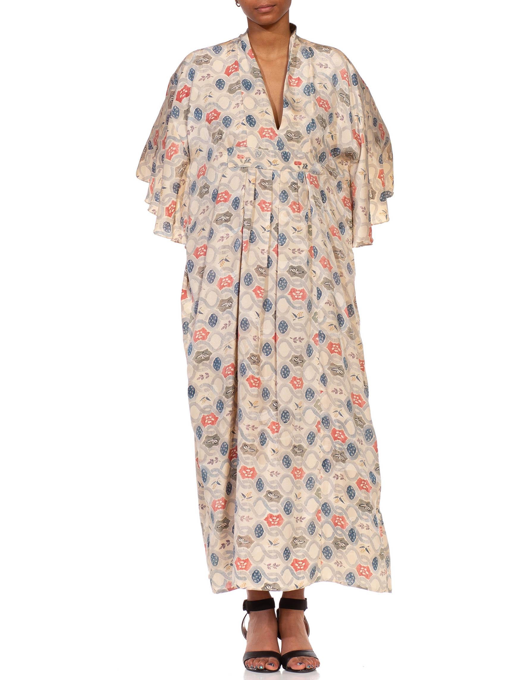 White MORPHEW COLLECTION Cream & Light Blue Silk Hand Block Printed Kaftan Made From  For Sale