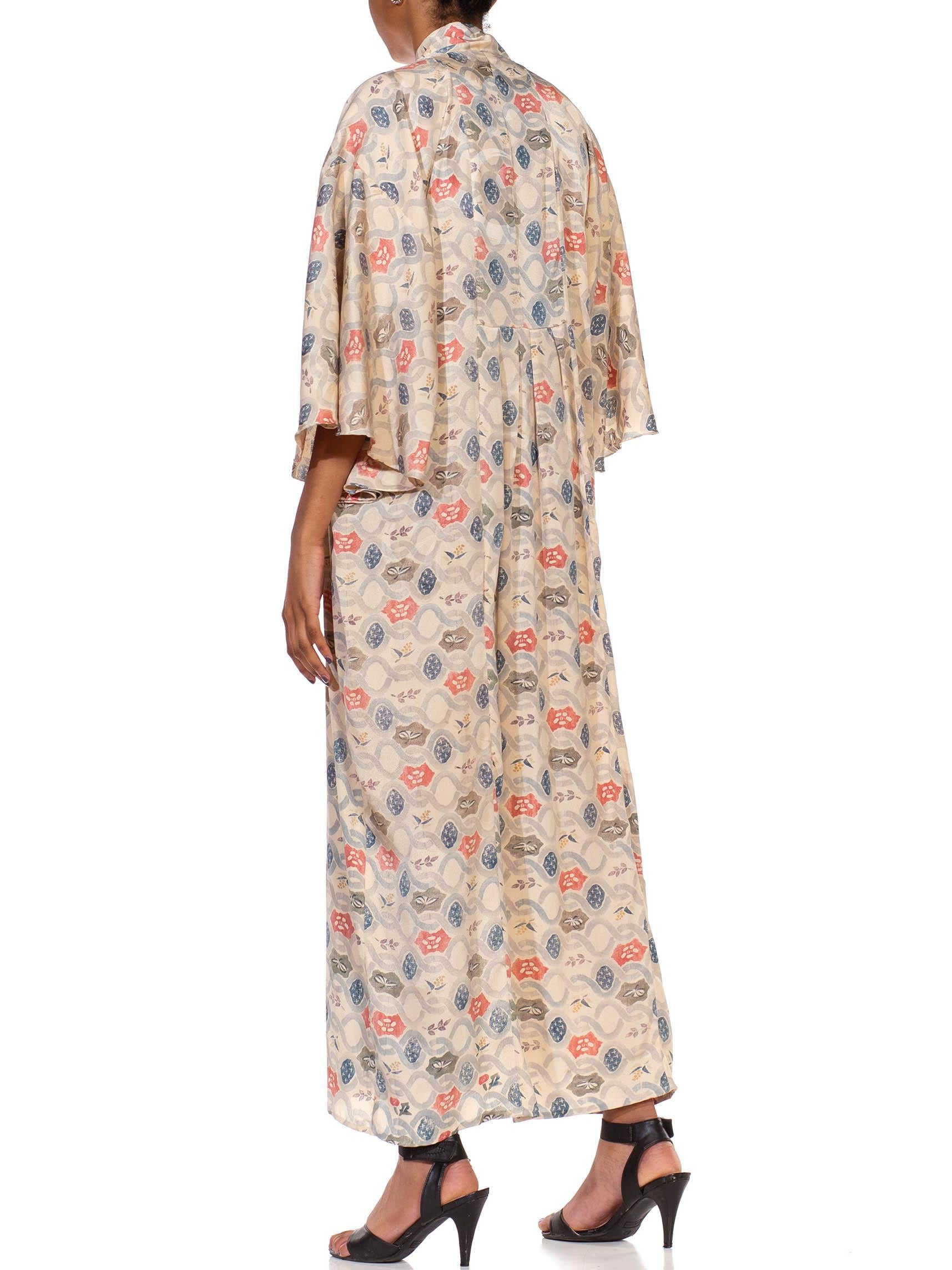 MORPHEW COLLECTION Cream & Light Blue Silk Hand Block Printed Kaftan Made From  For Sale 1