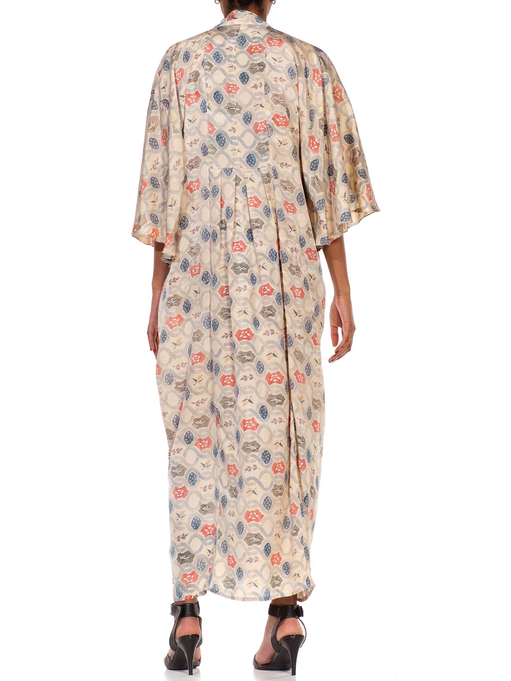 MORPHEW COLLECTION Cream & Light Blue Silk Hand Block Printed Kaftan Made From  For Sale 2