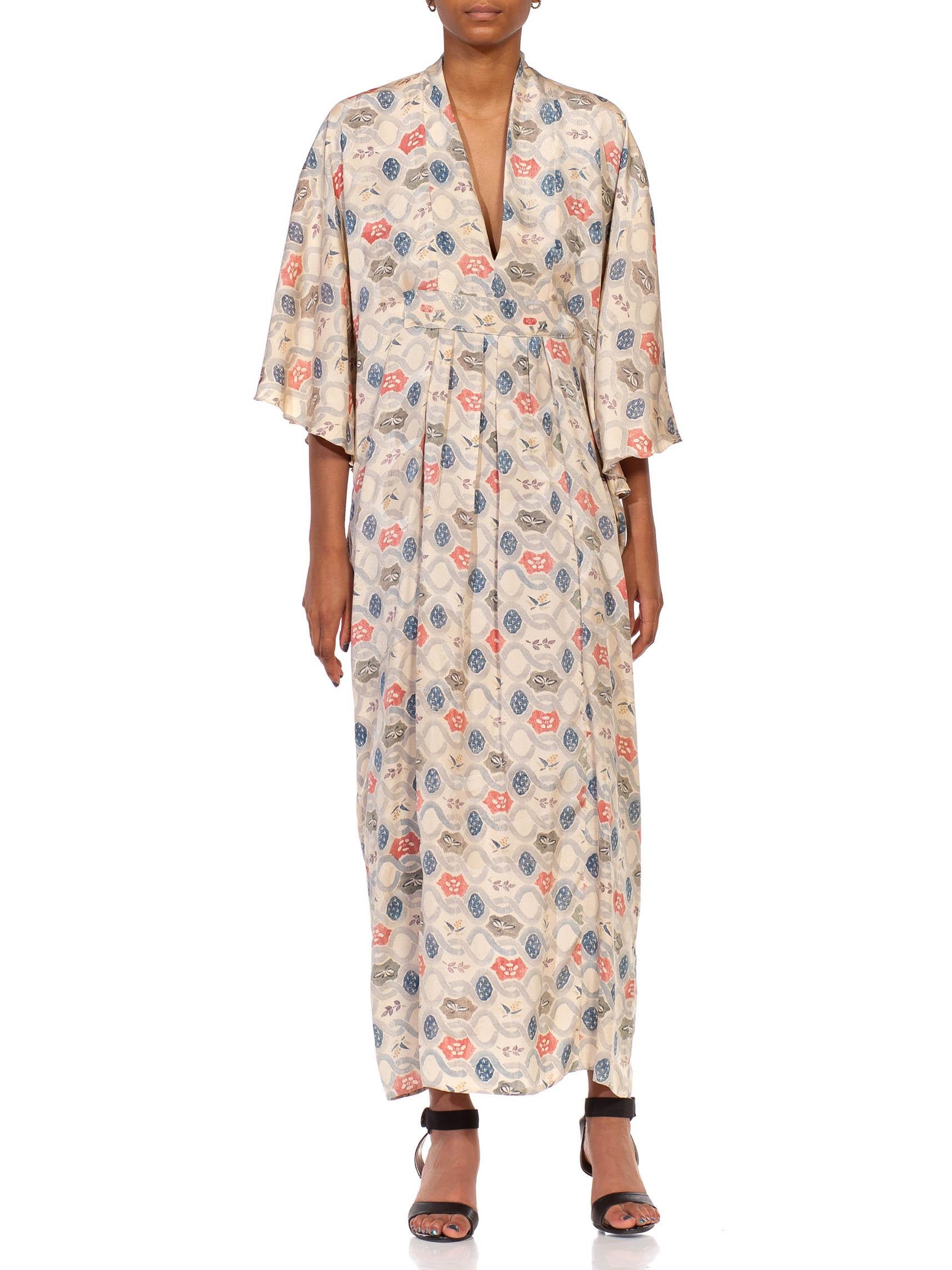 MORPHEW COLLECTION Cream & Light Blue Silk Hand Block Printed Kaftan Made From  For Sale 3