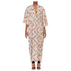 MORPHEW COLLECTION Cream & Light Blue Silk Hand Block Printed Kaftan Made From