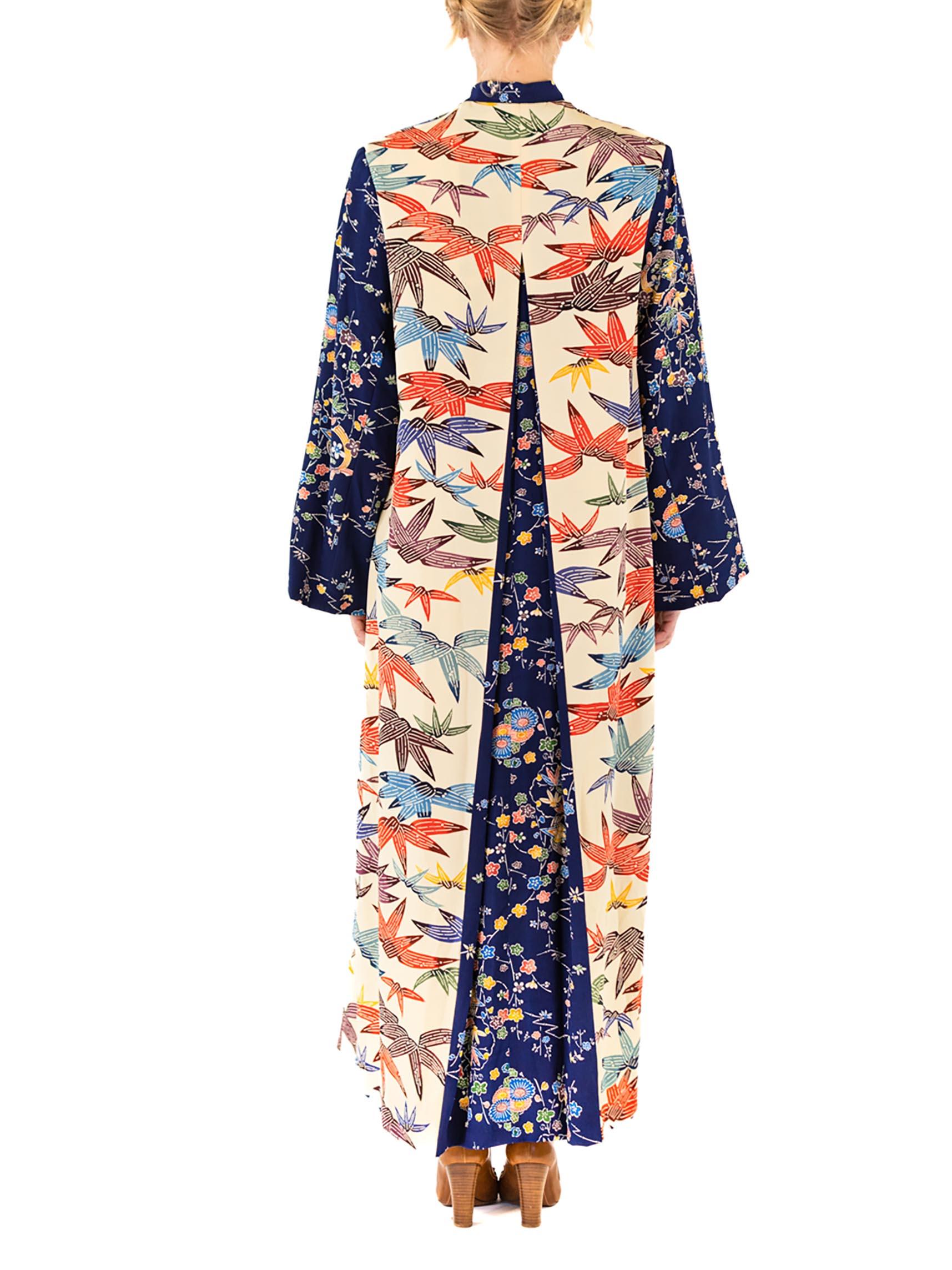 Women's MORPHEW COLLECTION Cream Multi Japanese Kimono Silk Navy Blue Sleeves Duster For Sale