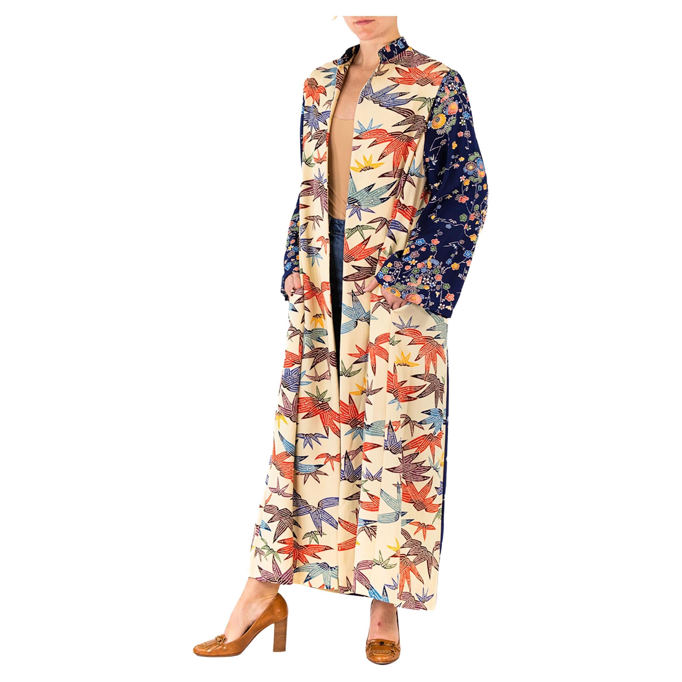 MORPHEW COLLECTION Cream Multi Japanese Kimono Silk Navy Blue Sleeves Duster For Sale