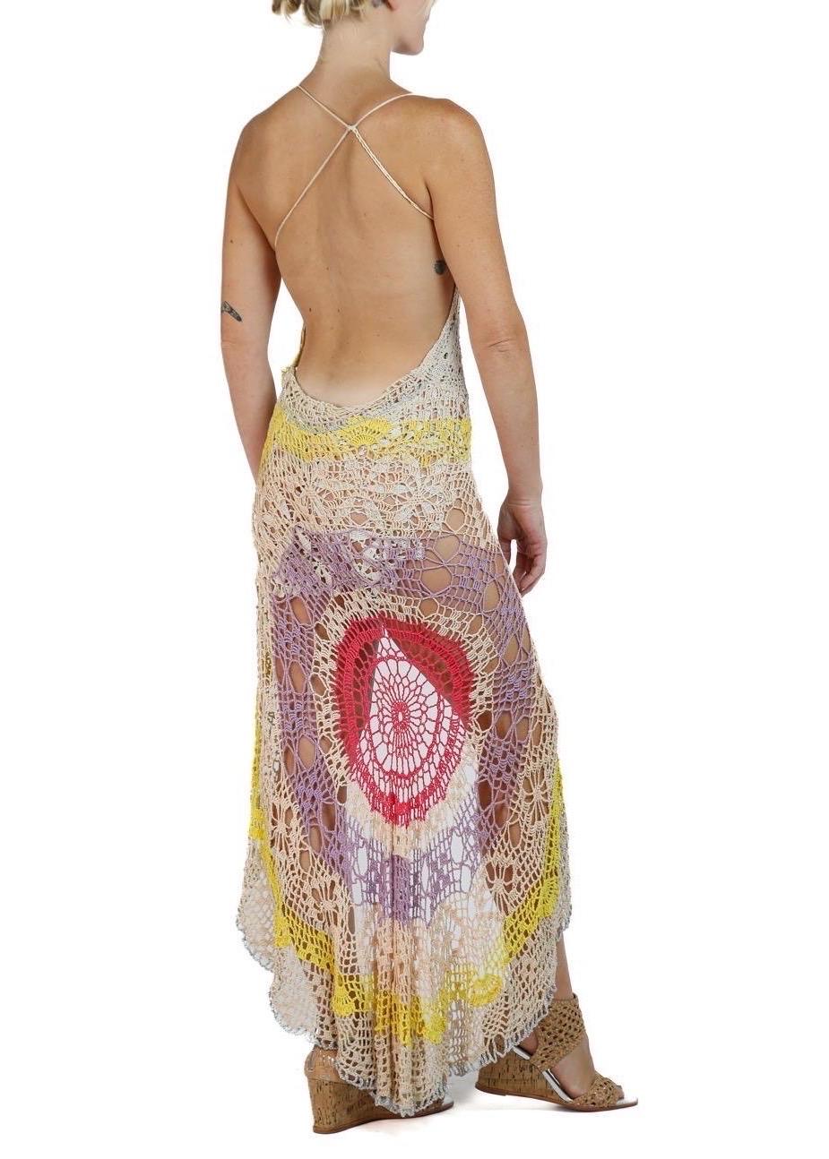Morphew Collection Cream & Multicolor Cotton Crochet Lace Long Dress For Sale 1