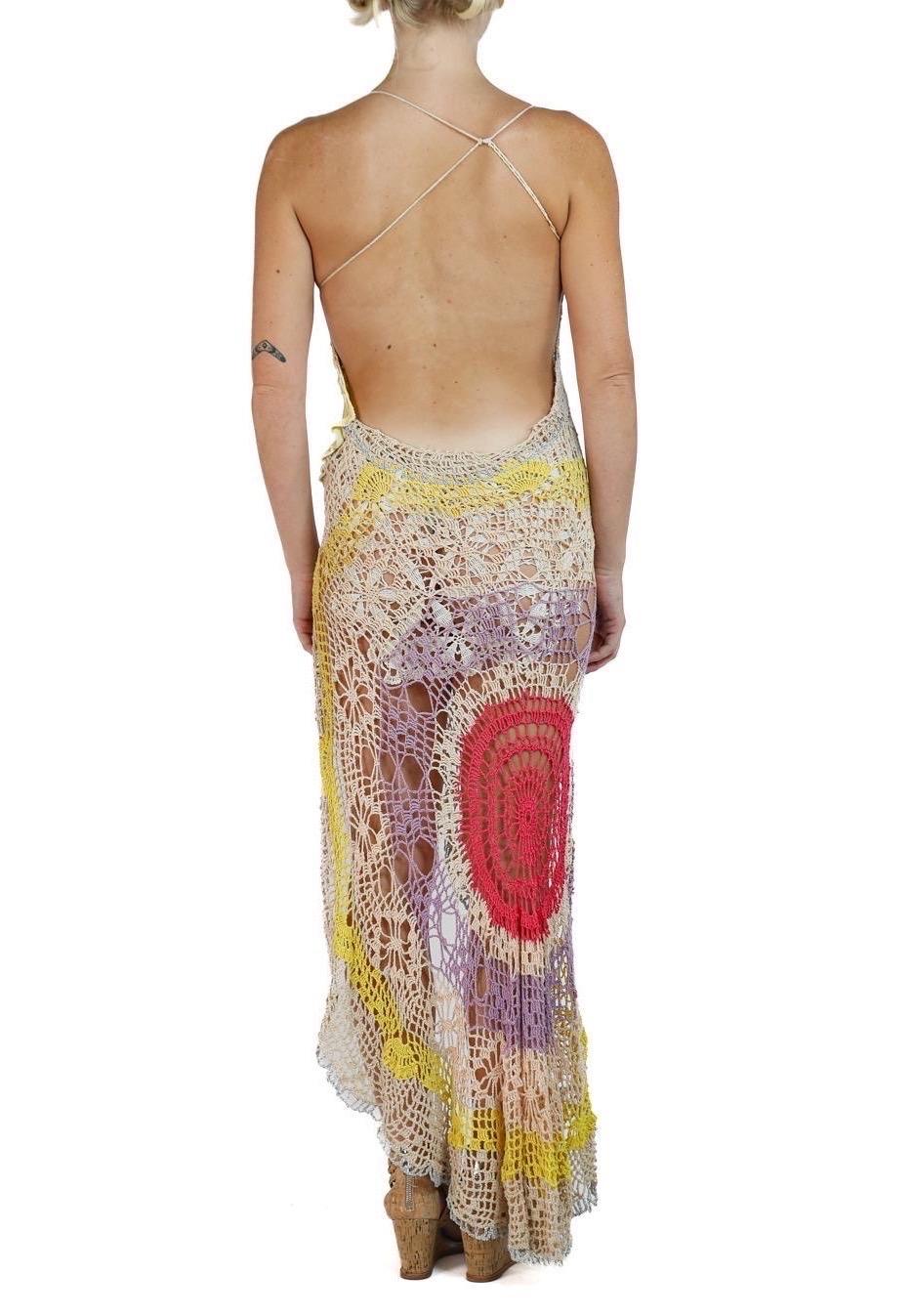 Morphew Collection Cream & Multicolor Cotton Crochet Lace Long Dress For Sale 2