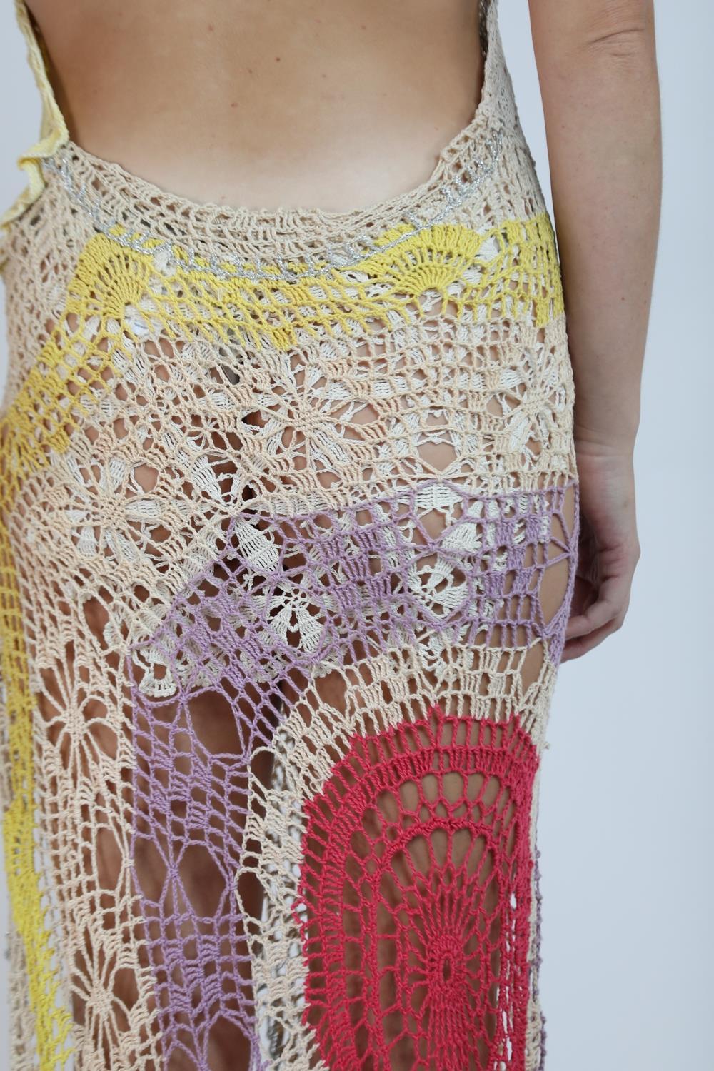 Morphew Collection Cream & Multicolor Cotton Crochet Lace Long Dress For Sale 3