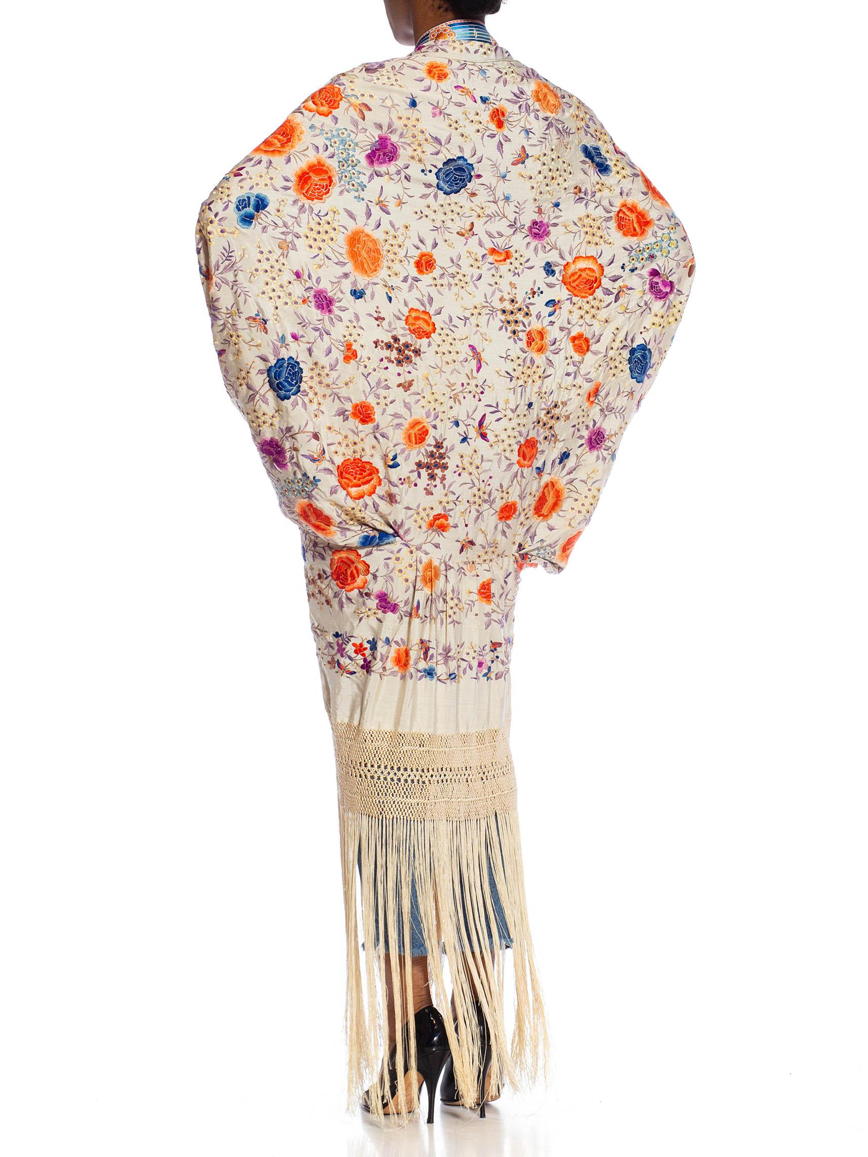 Women's MORPHEW COLLECTION Cream, Orange & Lilac Silk Hand Embroidered Floral Cocoon Wi