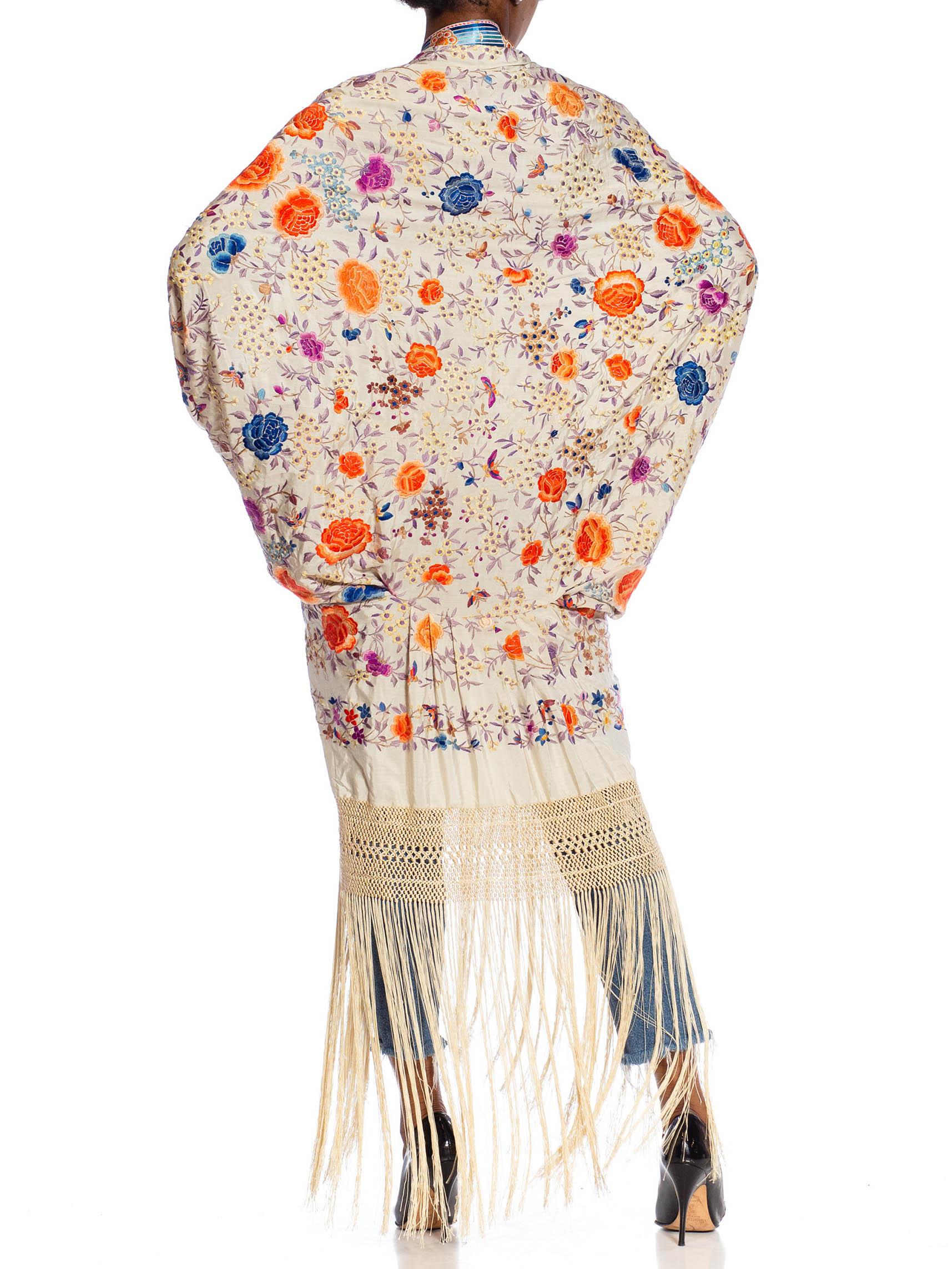 MORPHEW COLLECTION Cream, Orange & Lilac Silk Hand Embroidered Floral Cocoon Wi 1