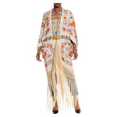 MORPHEW COLLECTION Cream, Orange & Lilac Silk Hand Embroidered Floral Cocoon Wi