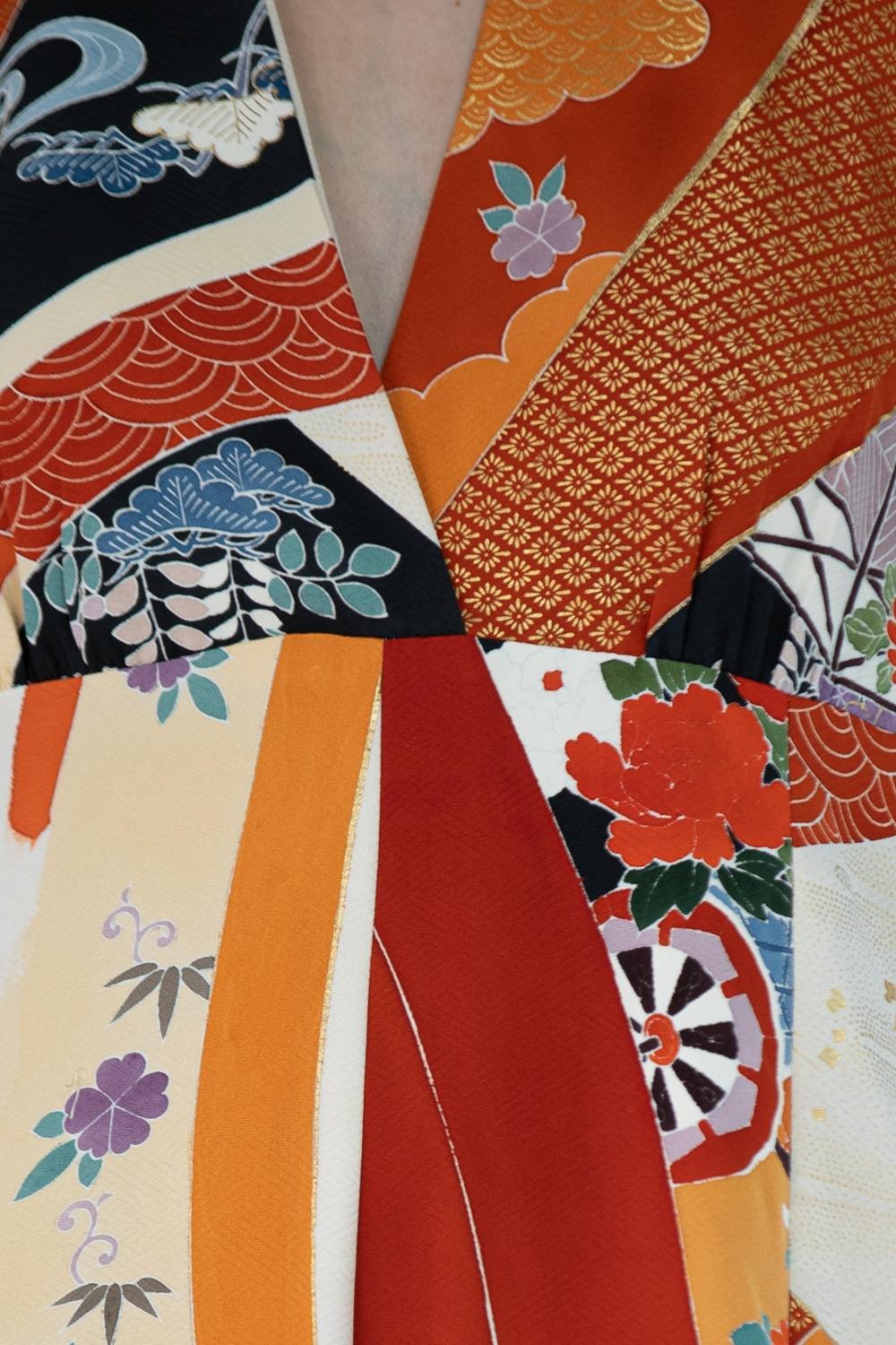 Morphew Collection Cream & Orange Rose Necktie Jumpsuit In Japanese Kimono Fabr For Sale 4