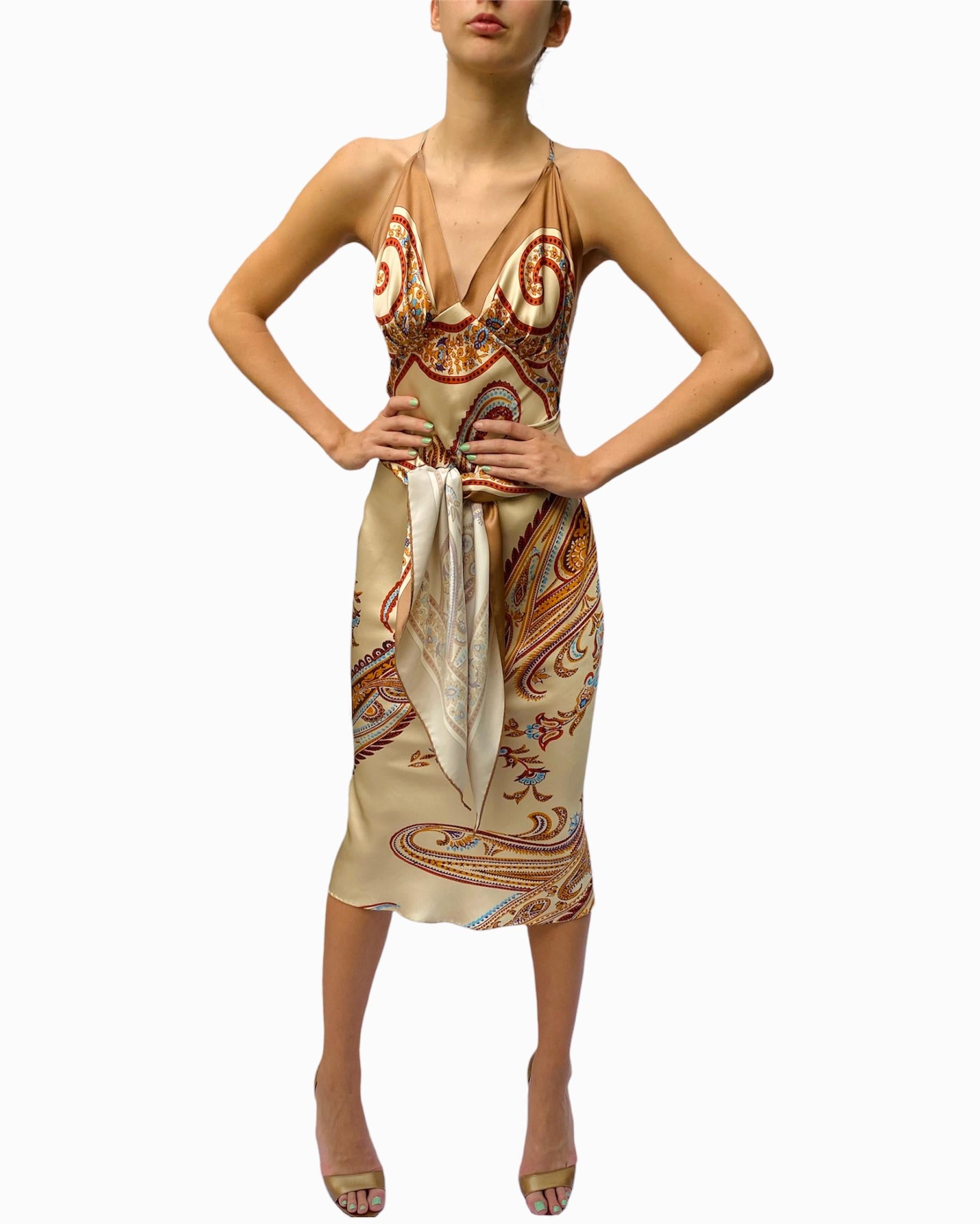 Morphew Collection Cream & Orange Silk Twill Paisley Print Scarf Dress Made Fro For Sale 6