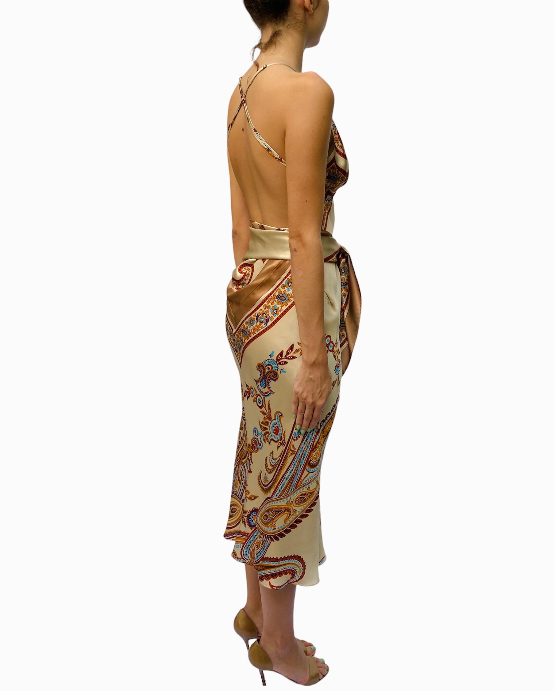 Morphew Collection Cream & Orange Silk Twill Paisley Print Scarf Dress Made Fro For Sale 2
