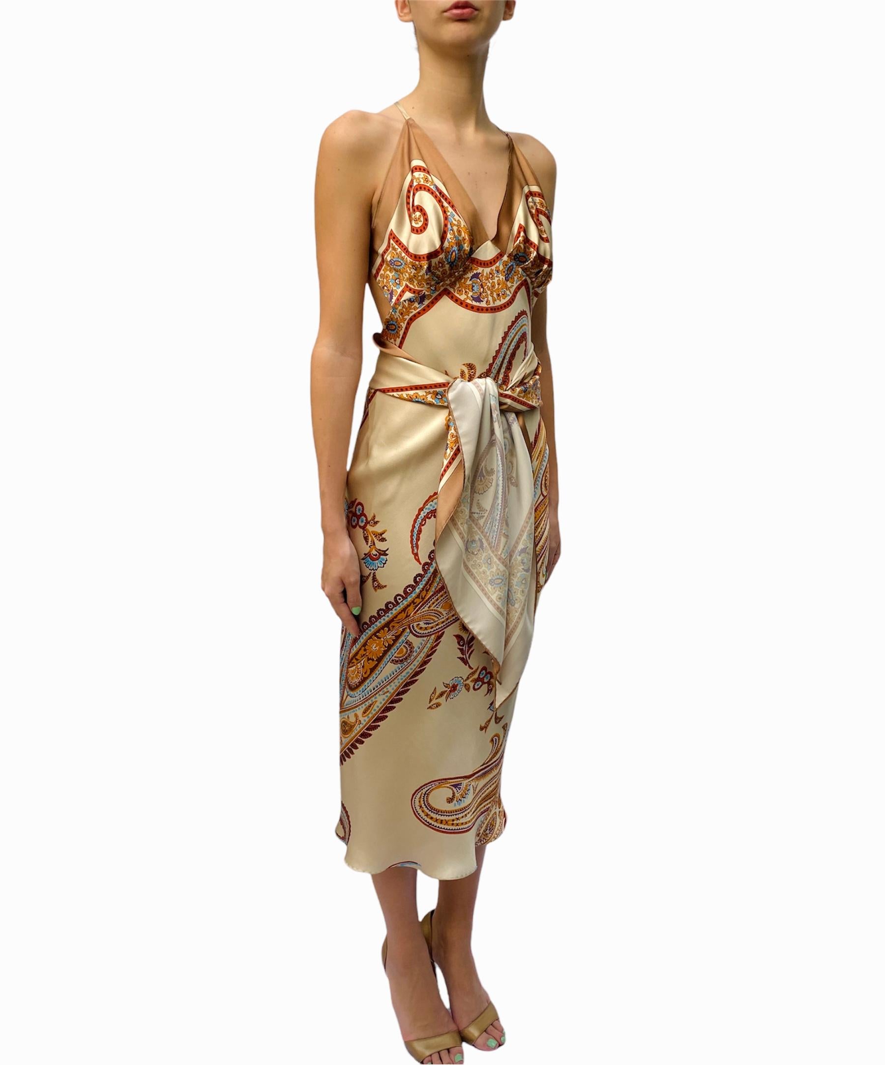 Morphew Collection Cream & Orange Silk Twill Paisley Print Scarf Dress Made Fro For Sale 4