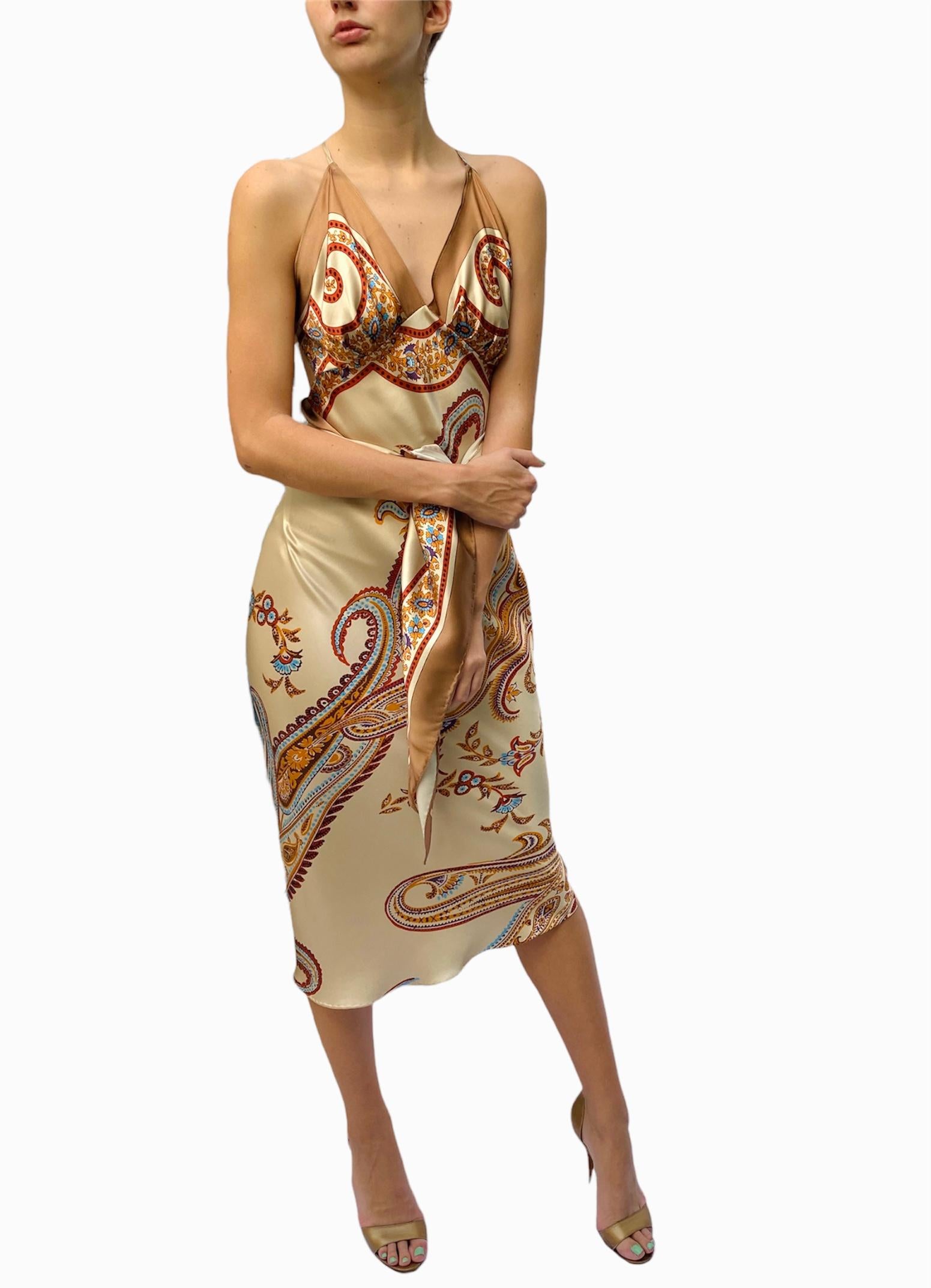 Morphew Collection Cream & Orange Silk Twill Paisley Print Scarf Dress Made Fro For Sale 5