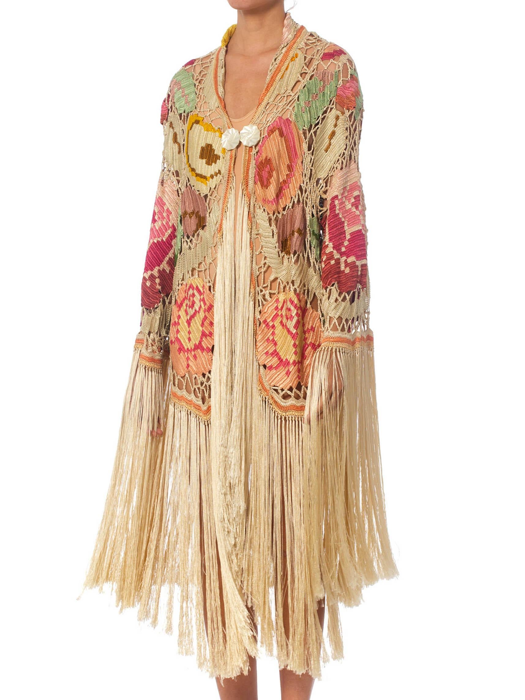 MORPHEW COLLECTION Cream & Pastels Silk Fringe Cocoon Made From An Antique 1920S Crochet Shawl