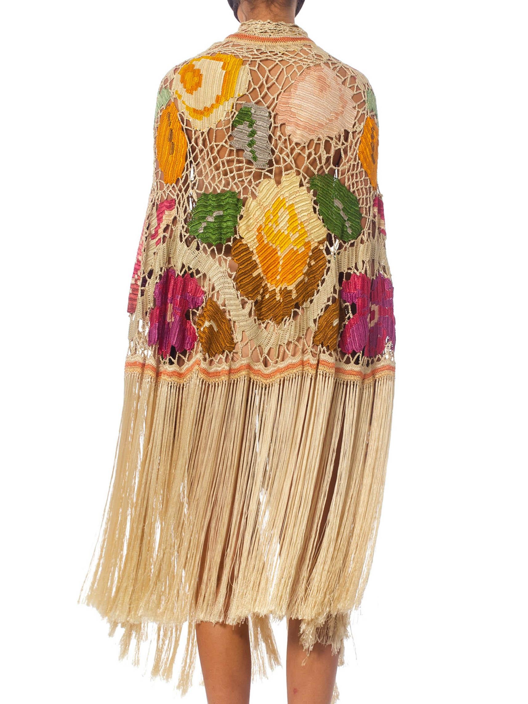 Beige MORPHEW COLLECTION Cream & Pastels Silk Fringe Cocoon Made From An Antique 1920