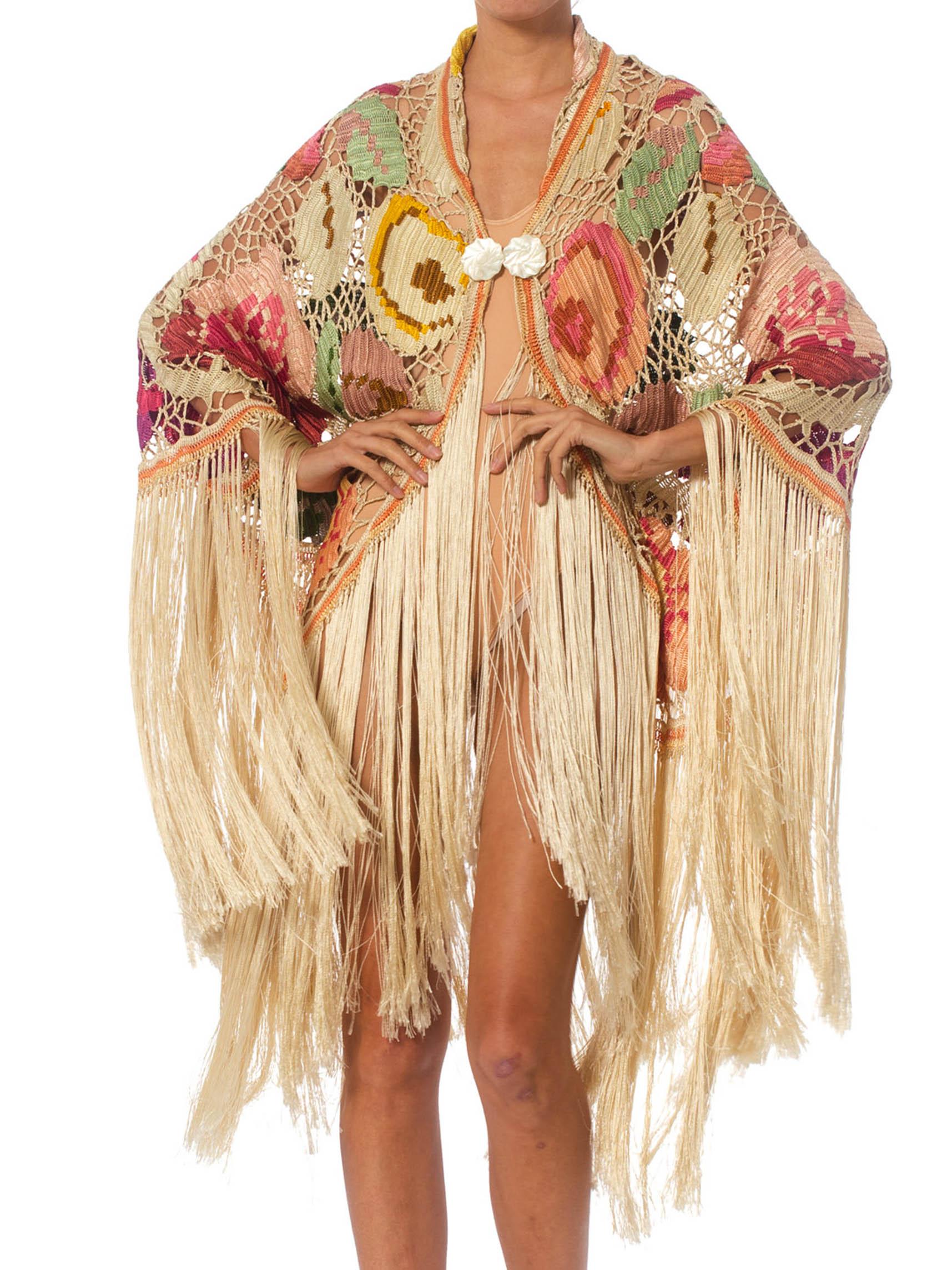 MORPHEW COLLECTION Cream & Pastels Silk Fringe Cocoon Made From An Antique 1920 In Excellent Condition In New York, NY