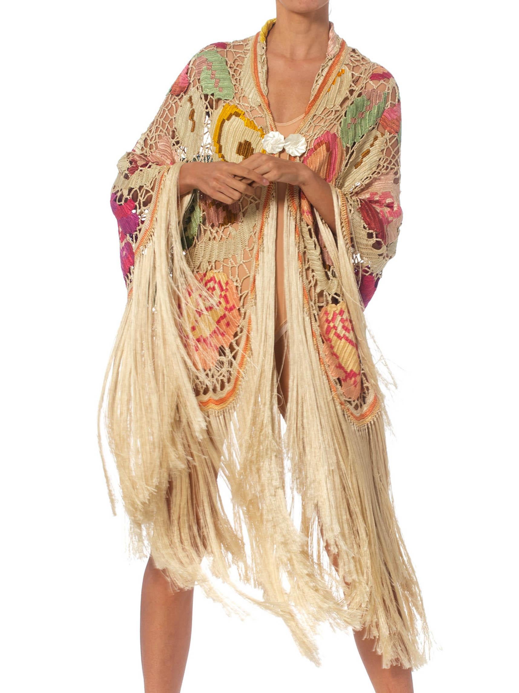 MORPHEW COLLECTION Cream & Pastels Silk Fringe Cocoon Made From An Antique 1920 1