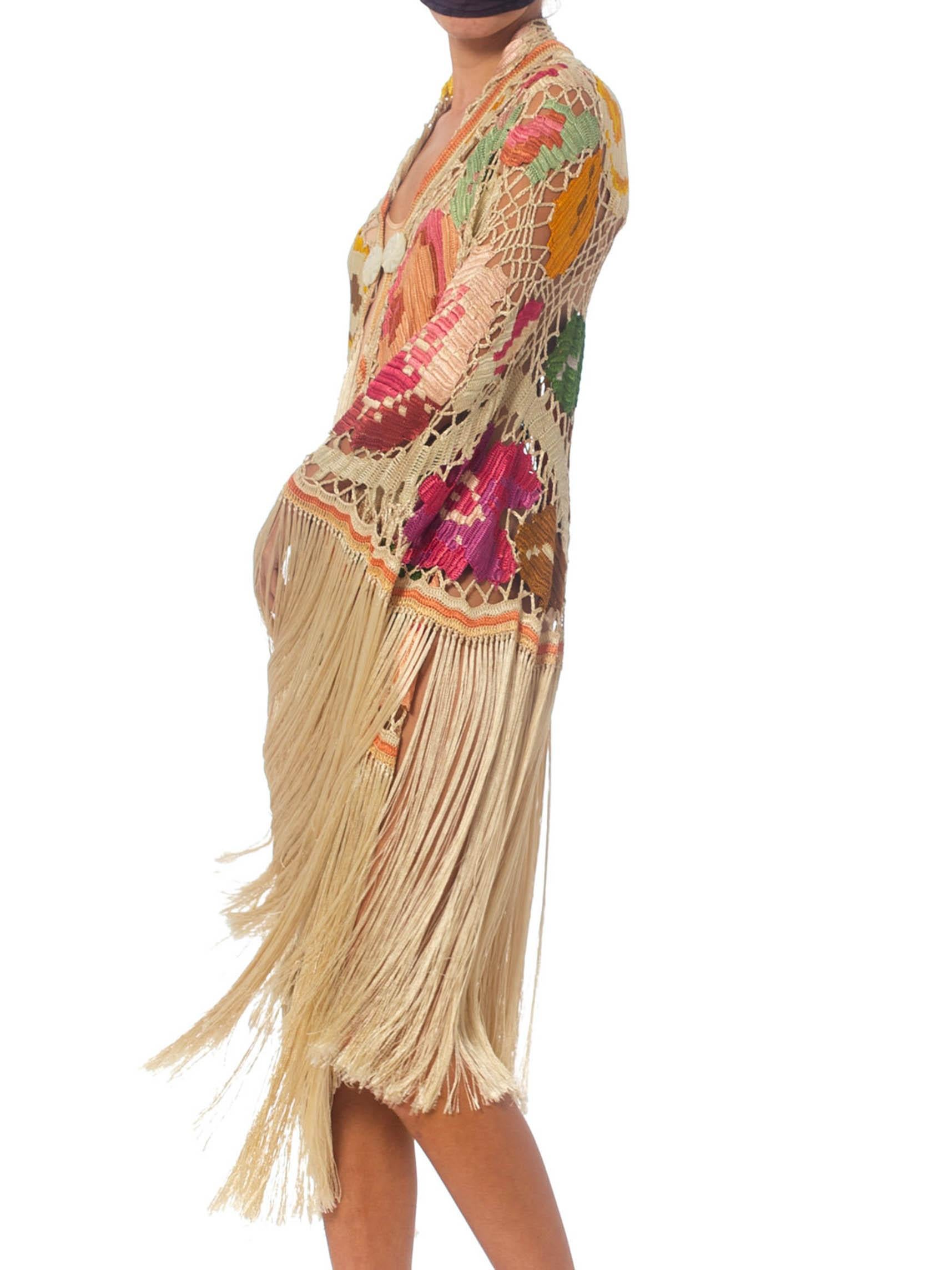 MORPHEW COLLECTION Cream & Pastels Silk Fringe Cocoon Made From An Antique 1920 4