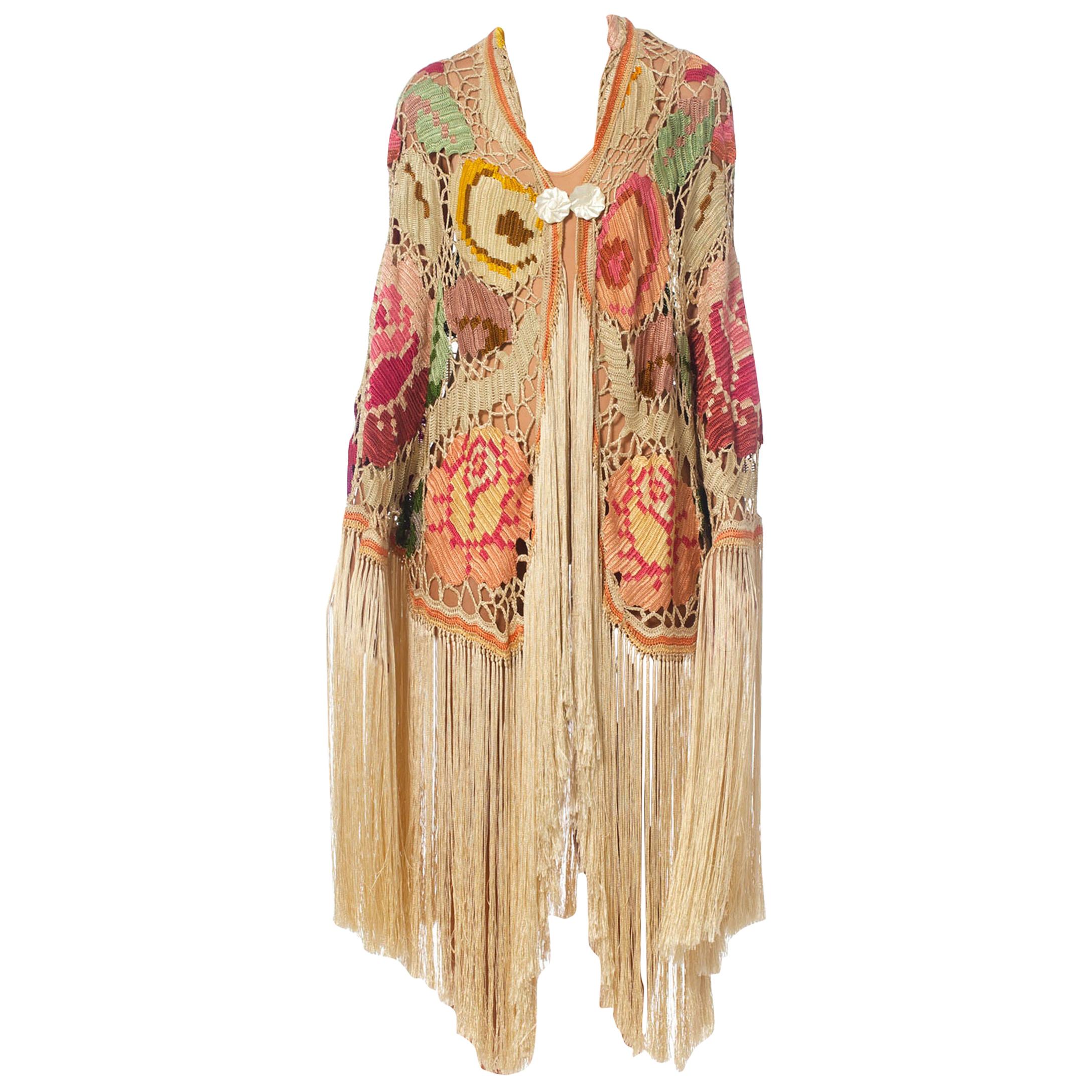MORPHEW COLLECTION Cream & Pastels Silk Fringe Cocoon Made From An Antique 1920
