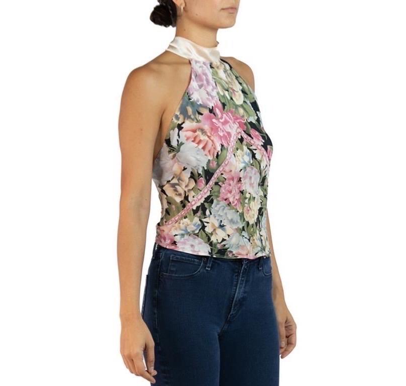 Women's Morphew Collection Cream, Pink & Green Floral Print Silk Tie Top Made From Vint For Sale