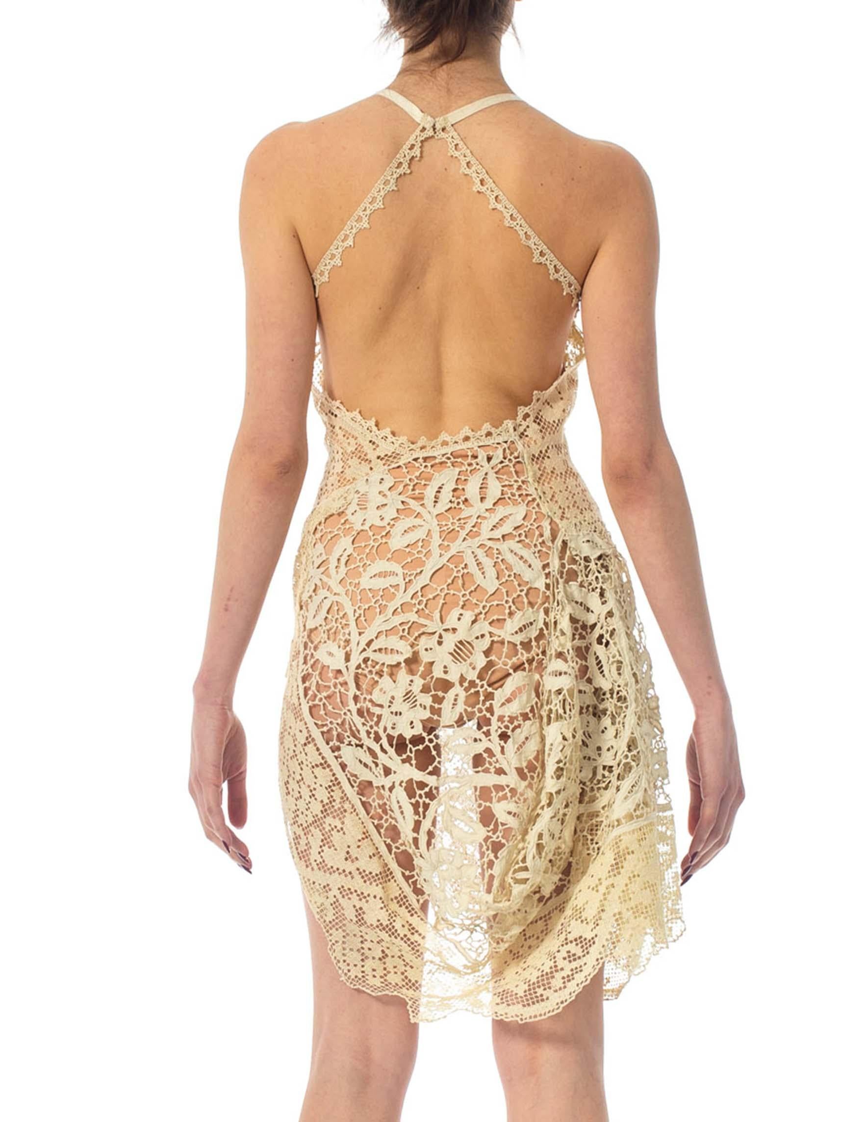 MORPHEW COLLECTION Creme Dress Made From 100 Year Old Handmade Lace In Excellent Condition For Sale In New York, NY