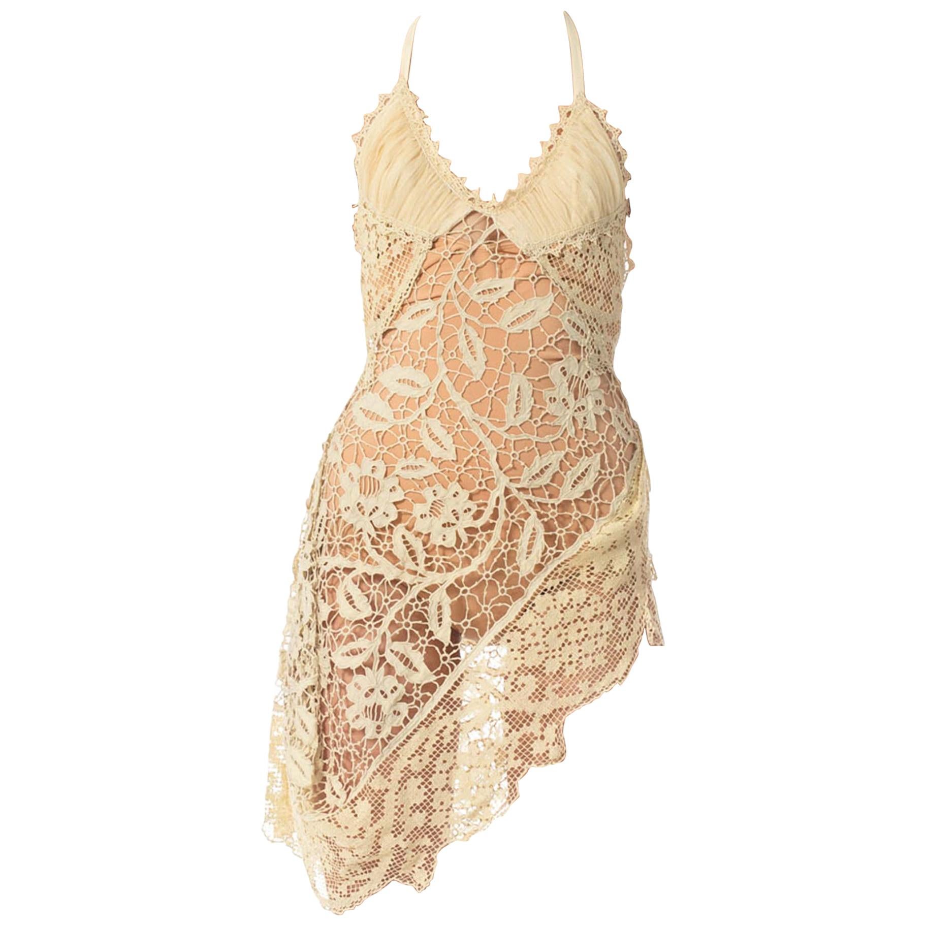 MORPHEW COLLECTION Creme Dress Made From 100 Year Old Handmade Lace For Sale