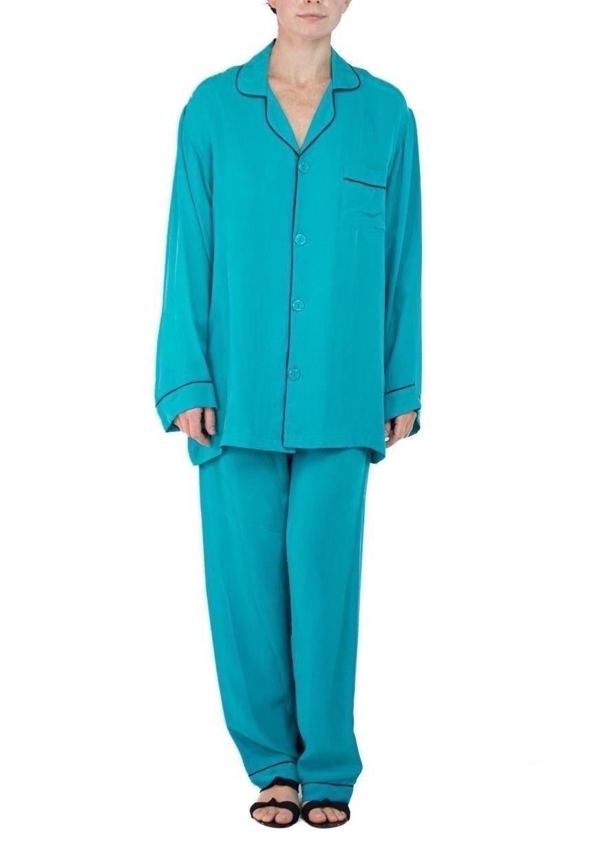 Morphew Collection Dark Teal With Indigo Trim Cold Rayon Bias Pajamas In Excellent Condition For Sale In New York, NY