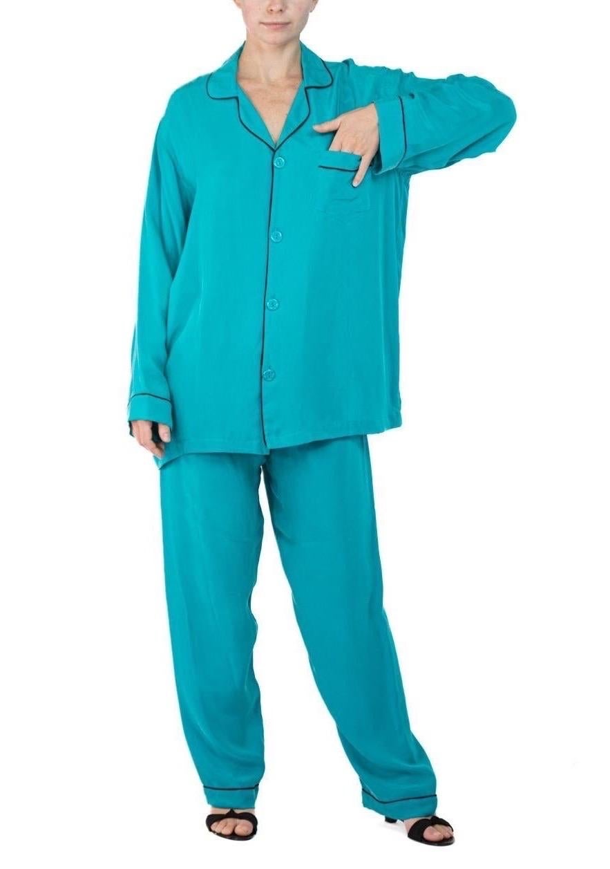Morphew Collection Dark Teal With Indigo Trim Cold Rayon Bias Pajamas For Sale 2