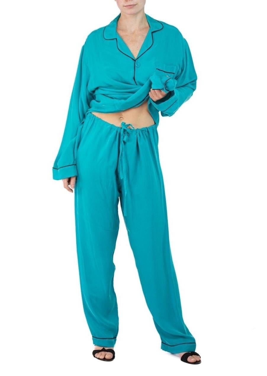 Morphew Collection Dark Teal With Indigo Trim Cold Rayon Bias Pajamas For Sale 4
