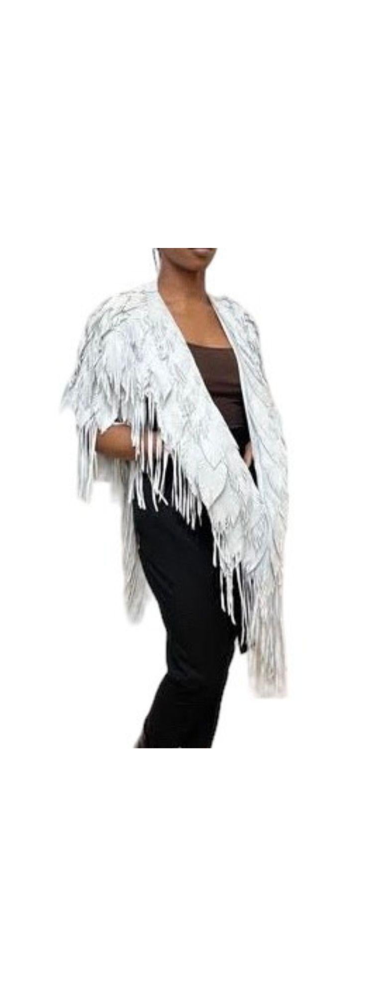 Morphew Collection Dove Suede Fringe Feather Leather Long Cape For Sale 2