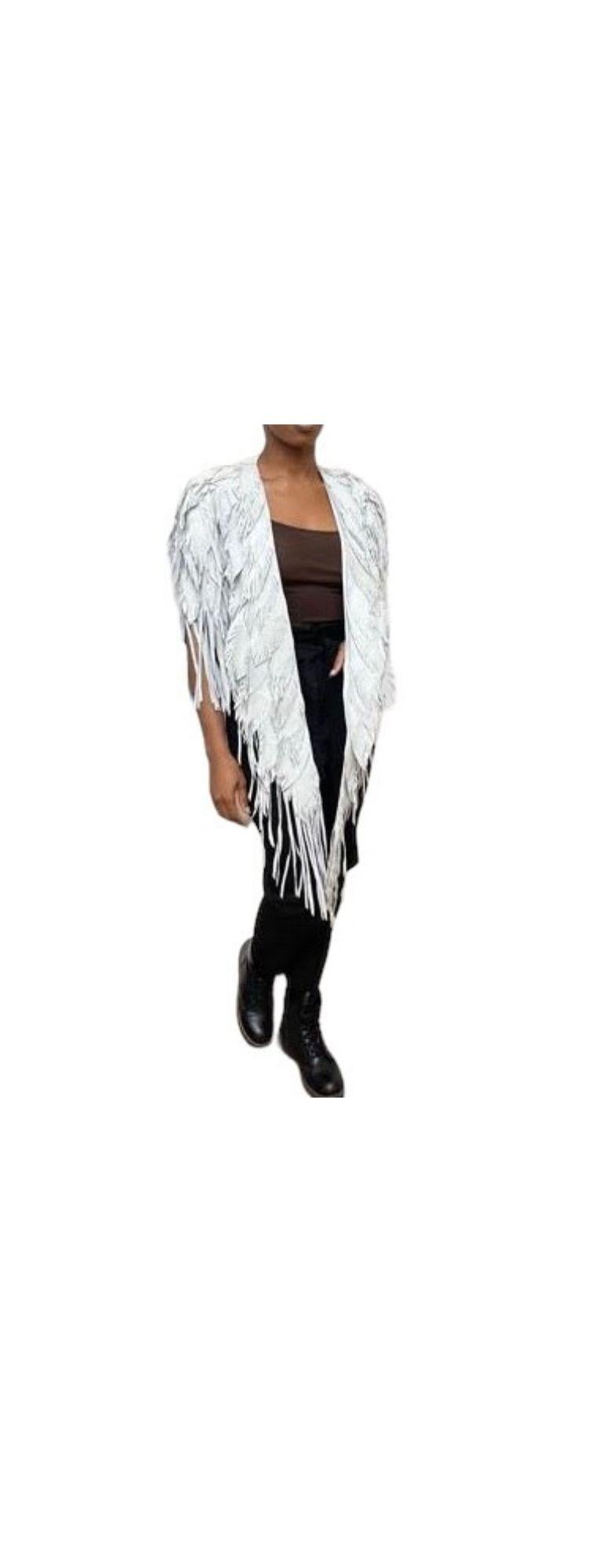 Morphew Collection Dove Suede Fringe Feather Leather Long Cape For Sale 4