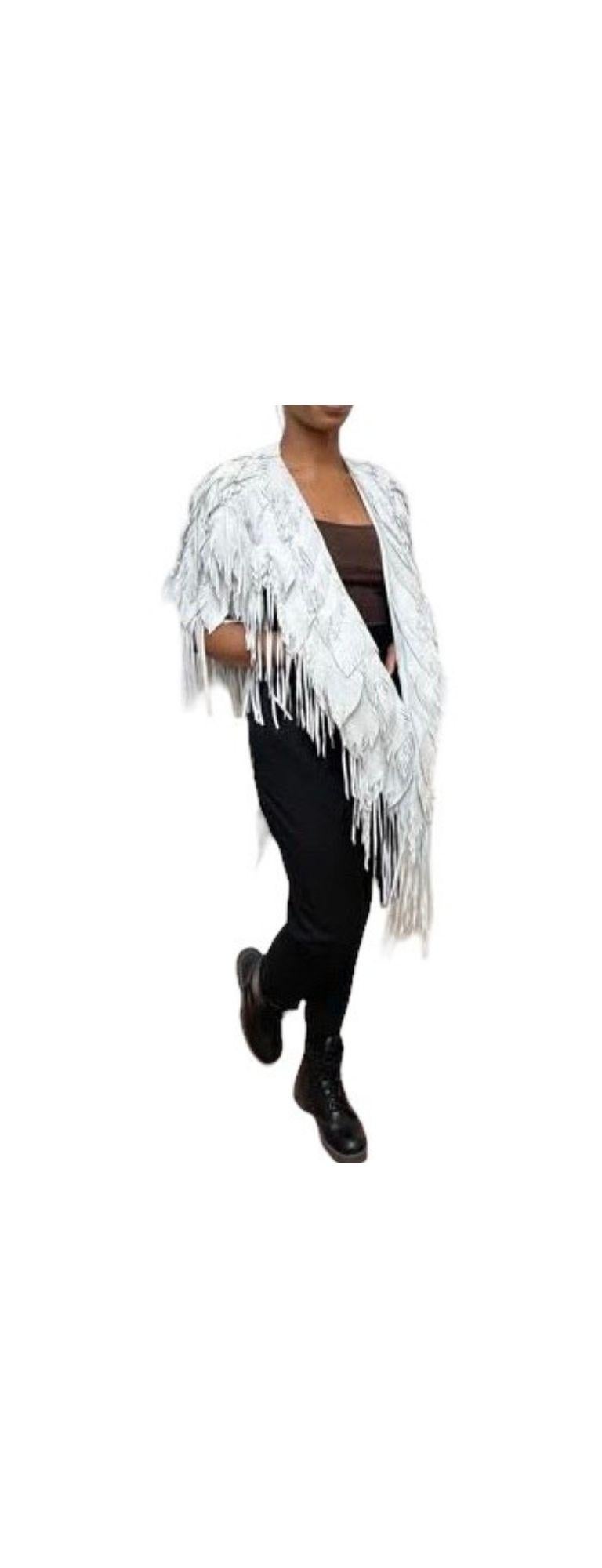 Morphew Collection Dove Suede Fringe Feather Leather Long Cape For Sale 5