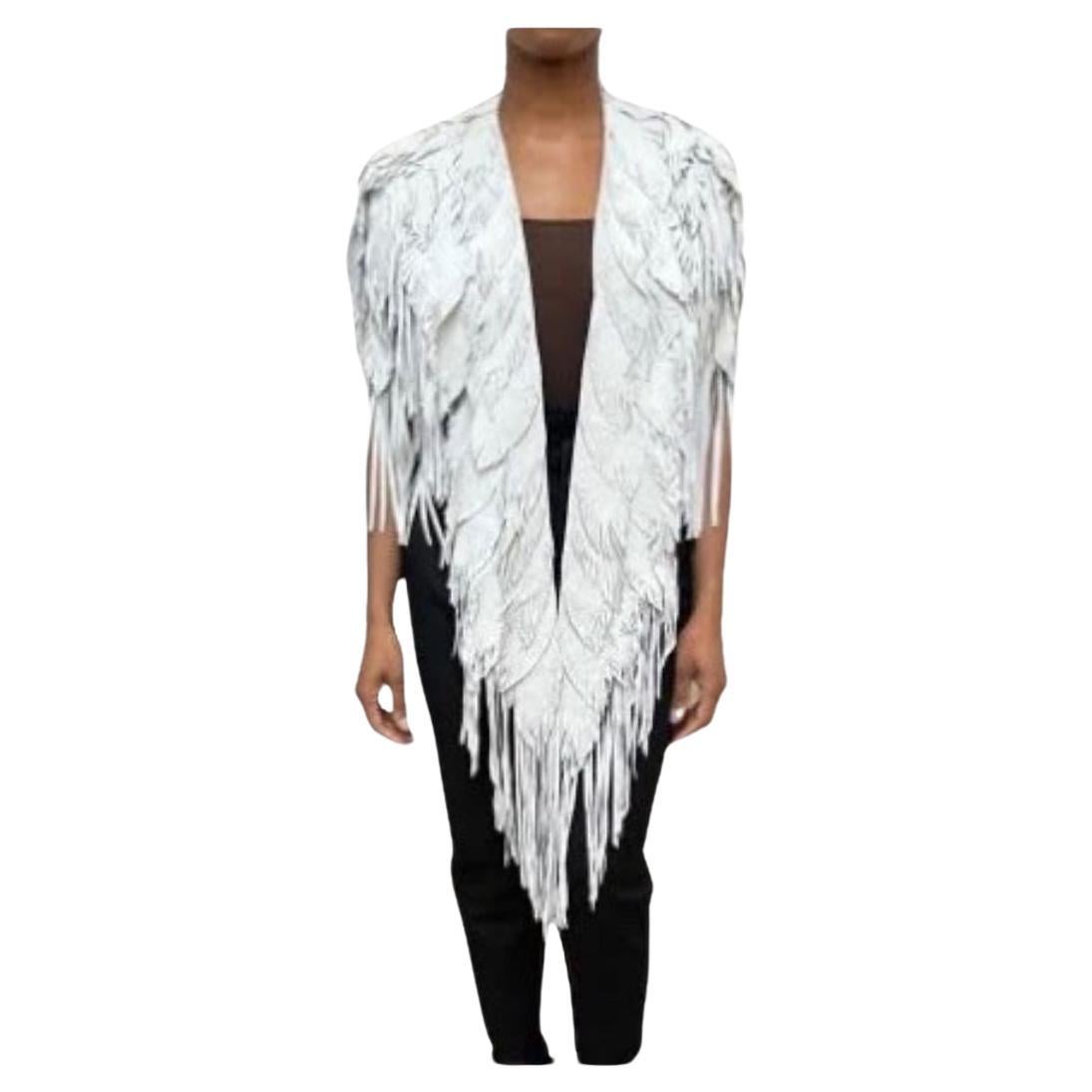 Morphew Collection Dove Suede Fringe Feather Leather Long Cape For Sale