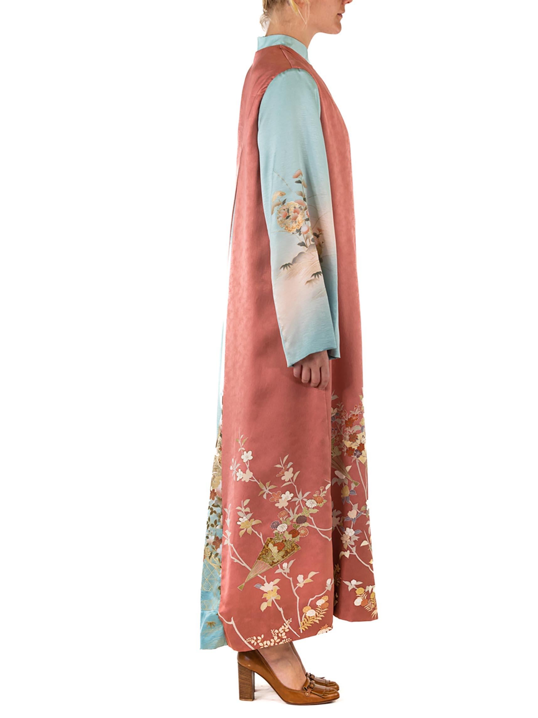 MORPHEW COLLECTION Dusty Pink Japanese Kimono Silk Baby Blue Sleeves Duster In Excellent Condition For Sale In New York, NY