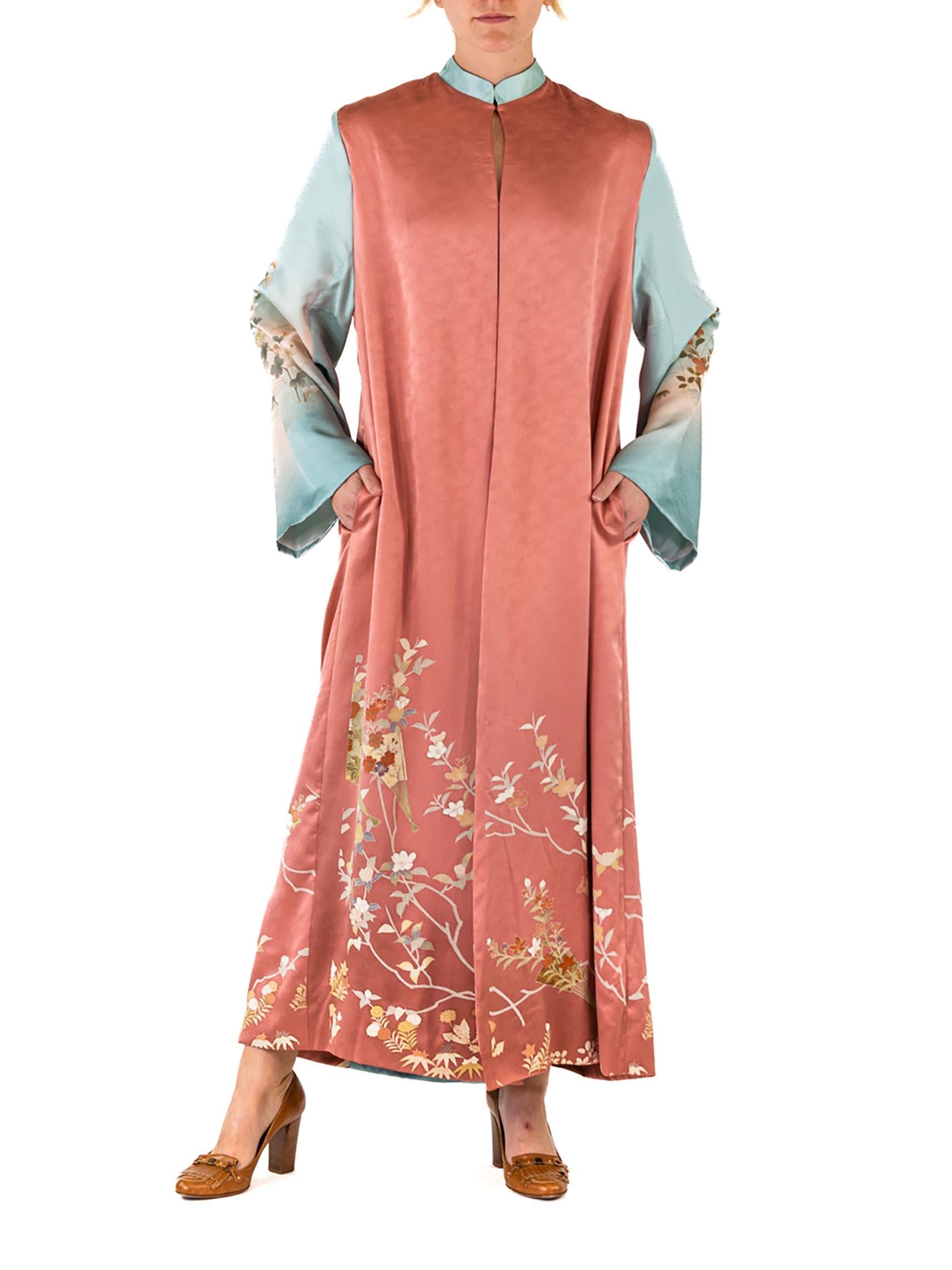 Women's MORPHEW COLLECTION Dusty Pink Japanese Kimono Silk Baby Blue Sleeves Duster For Sale