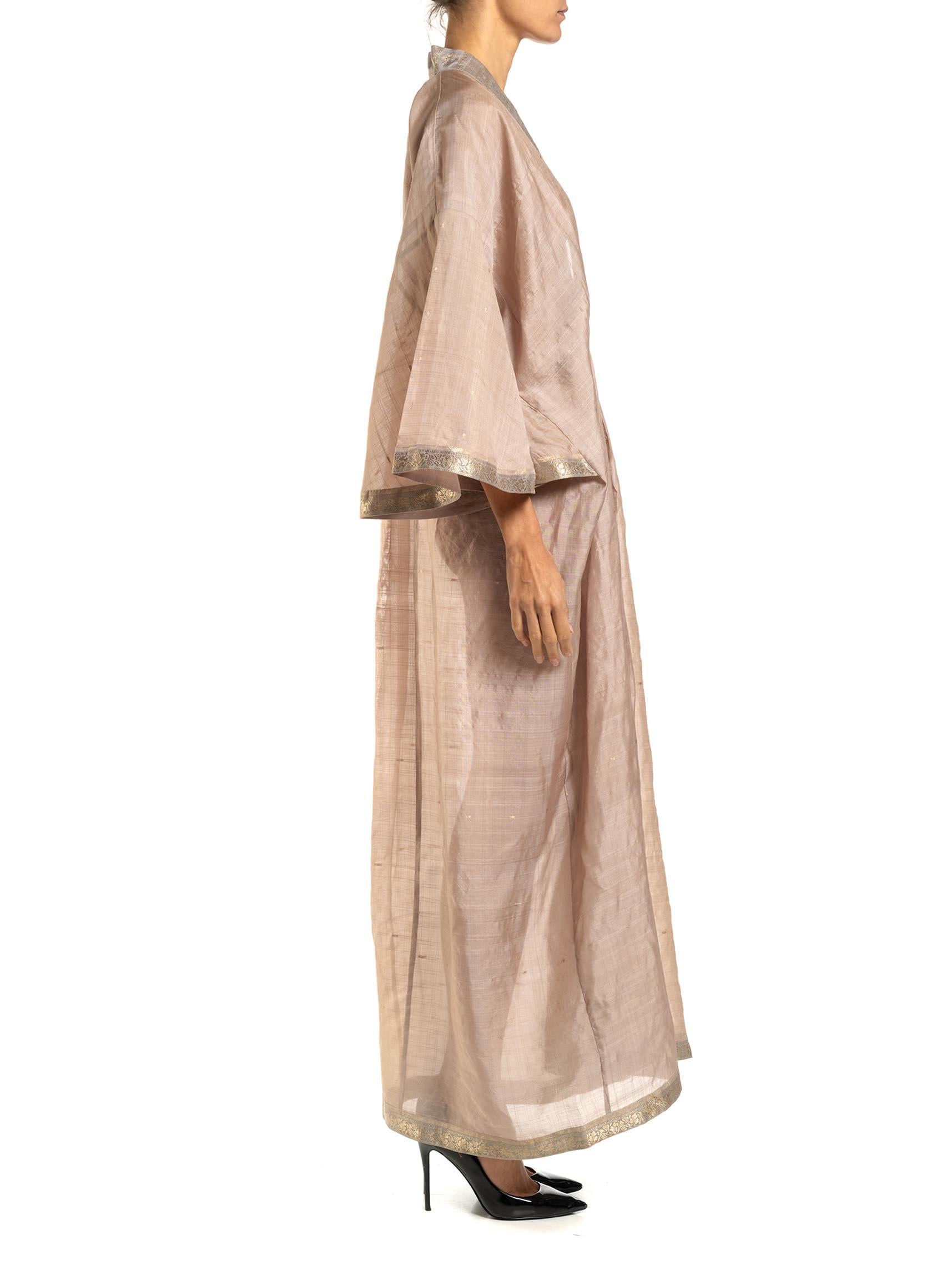 MORPHEW COLLECTION Dusty Pink Silk Kaftan Made From Vintage Sari In Excellent Condition For Sale In New York, NY