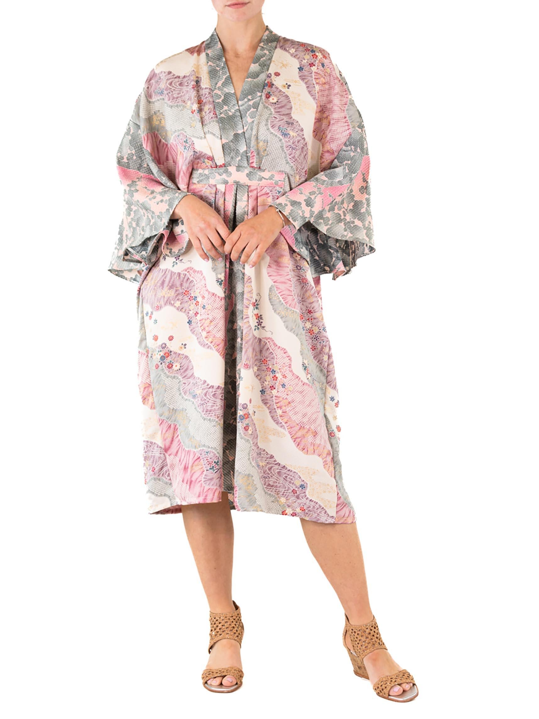 Women's MORPHEW COLLECTION Dusty Purple Floral Print Japanese Kimono Silk Kaftan For Sale