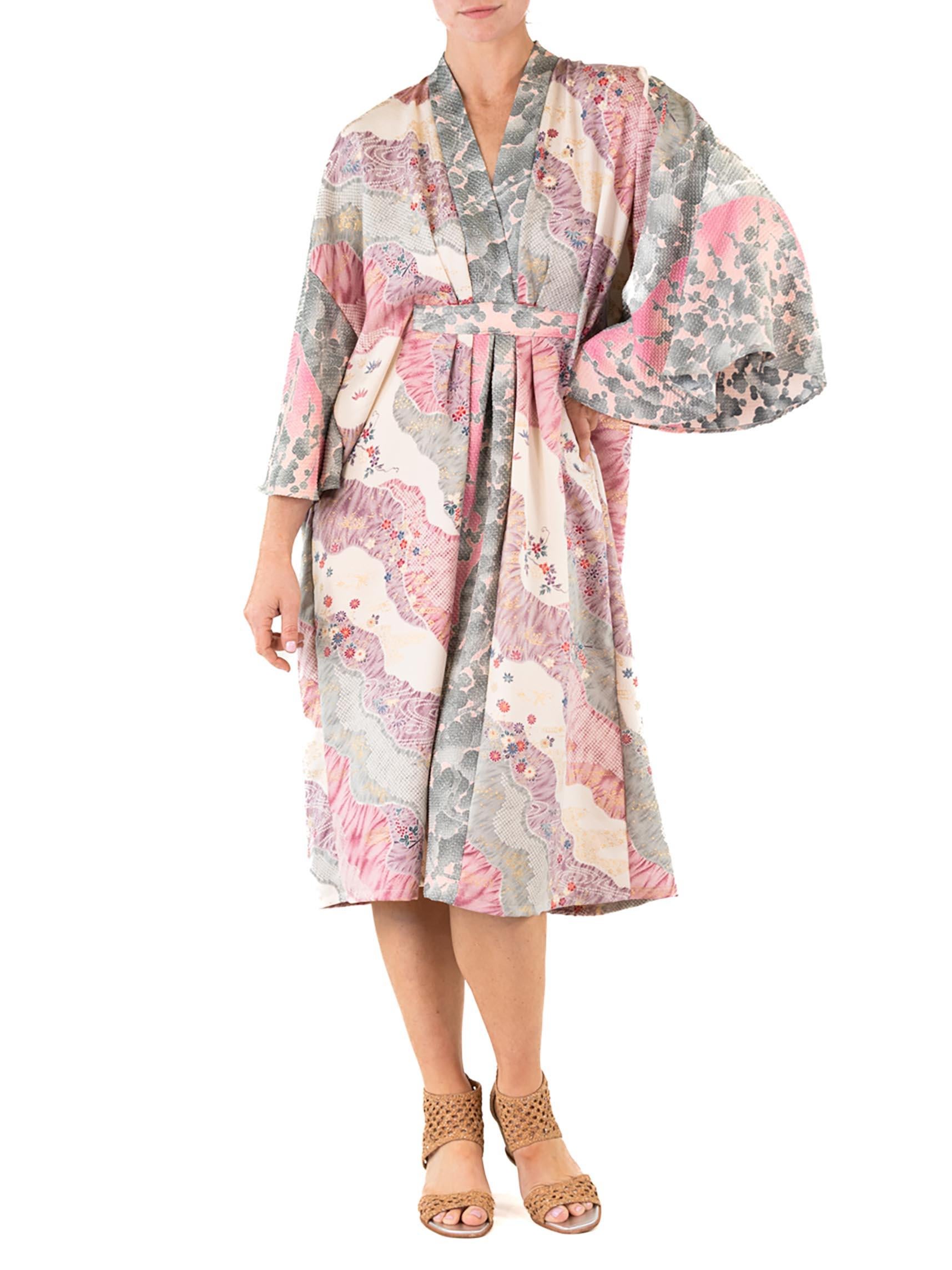 MORPHEW COLLECTION Dusty Purple Floral Print Japanese Kimono Silk Kaftan For Sale 1