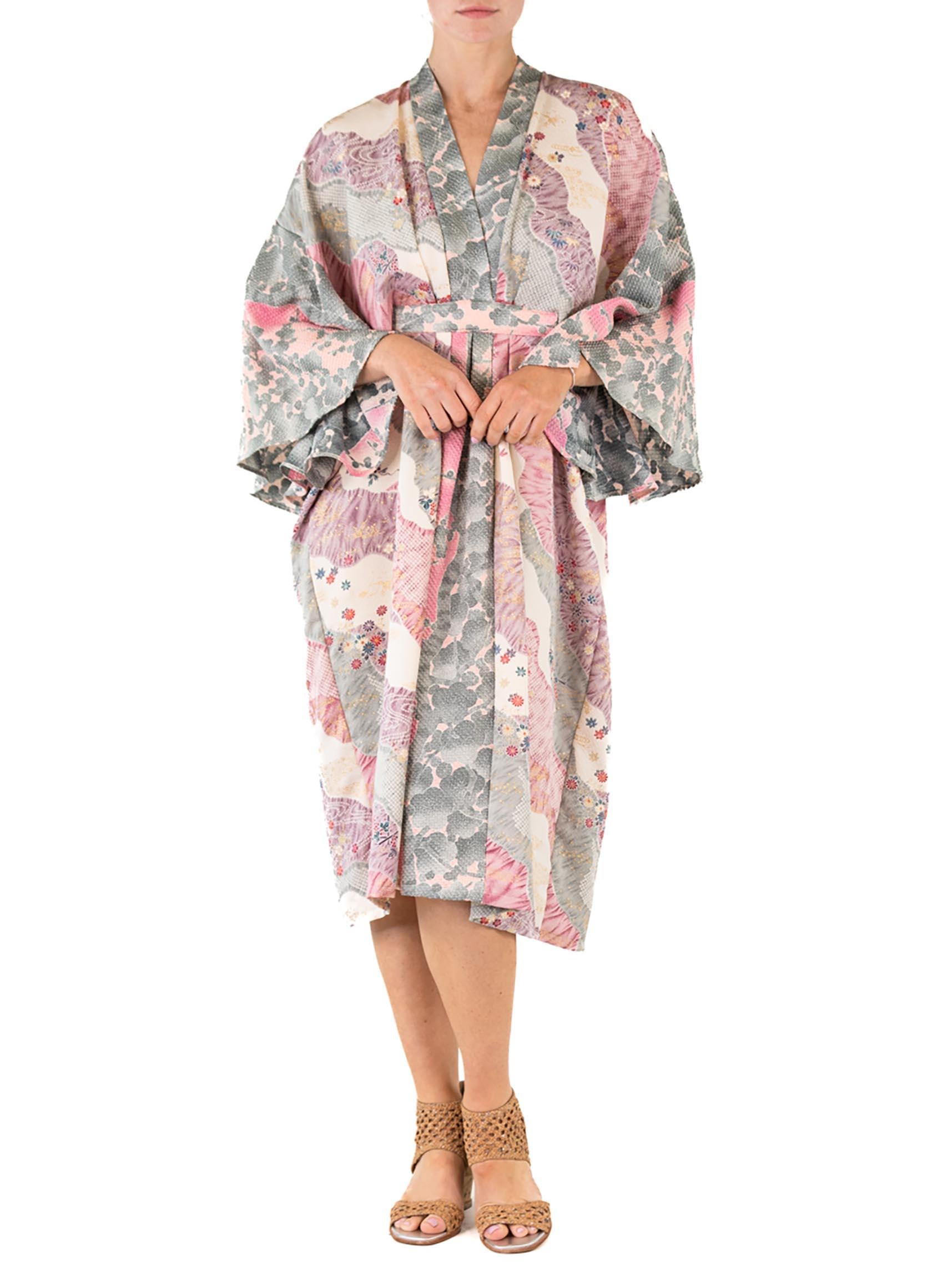 MORPHEW COLLECTION Dusty Purple Floral Print Japanese Kimono Silk Kaftan For Sale 2