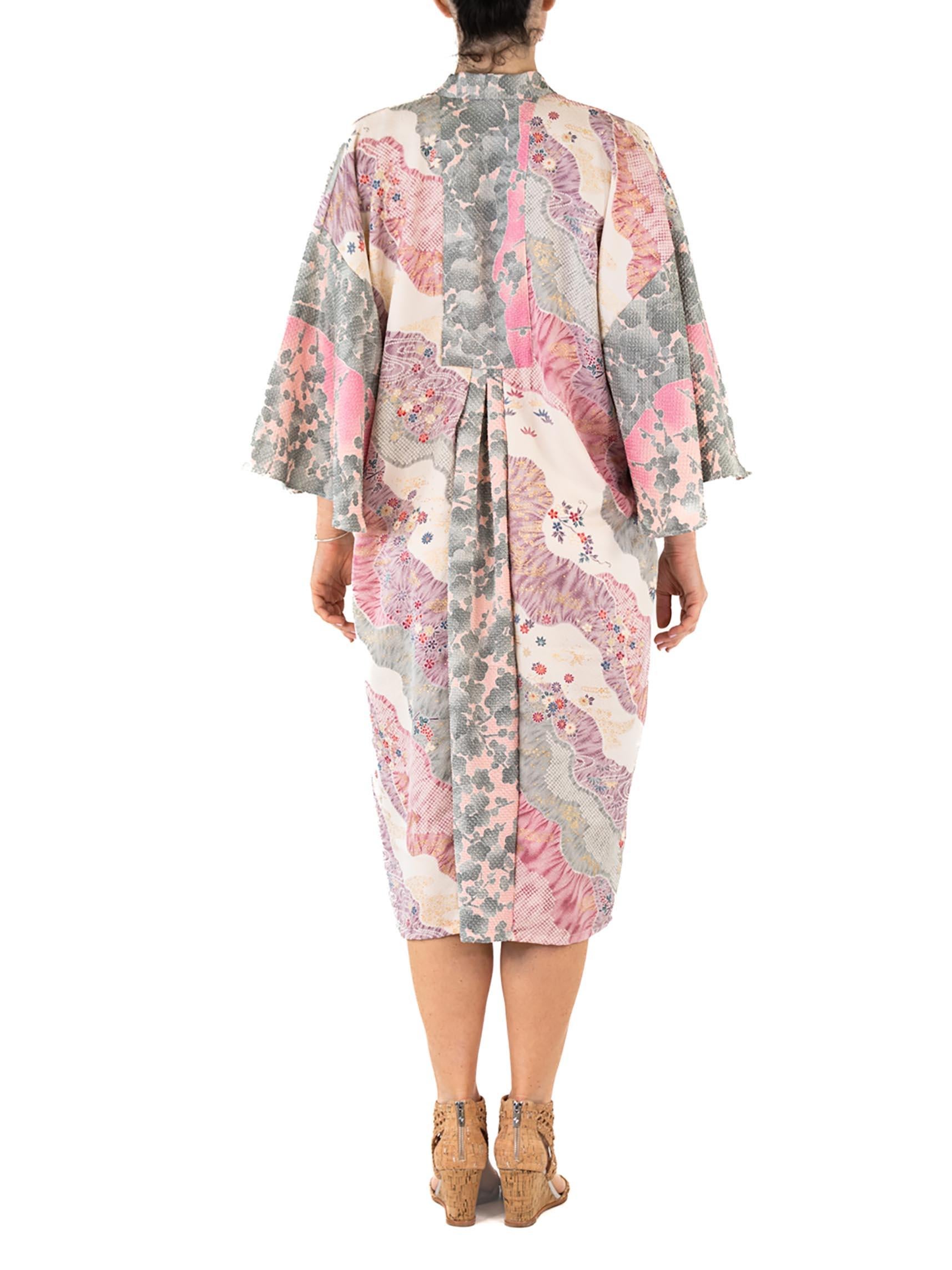 MORPHEW COLLECTION Dusty Purple Floral Print Japanese Kimono Silk Kaftan For Sale 4