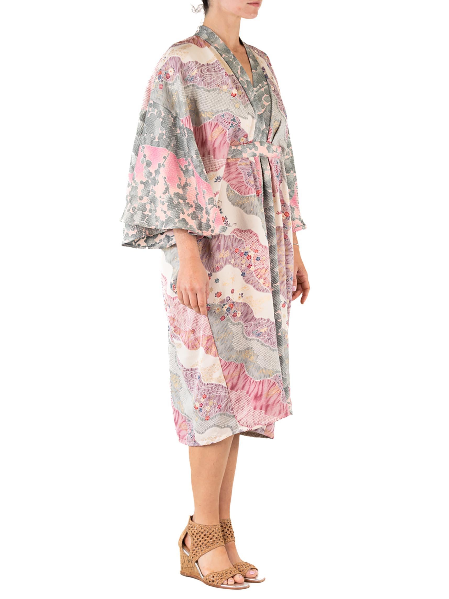 MORPHEW COLLECTION Dusty Purple Floral Print Japanese Kimono Silk Kaftan For Sale 5
