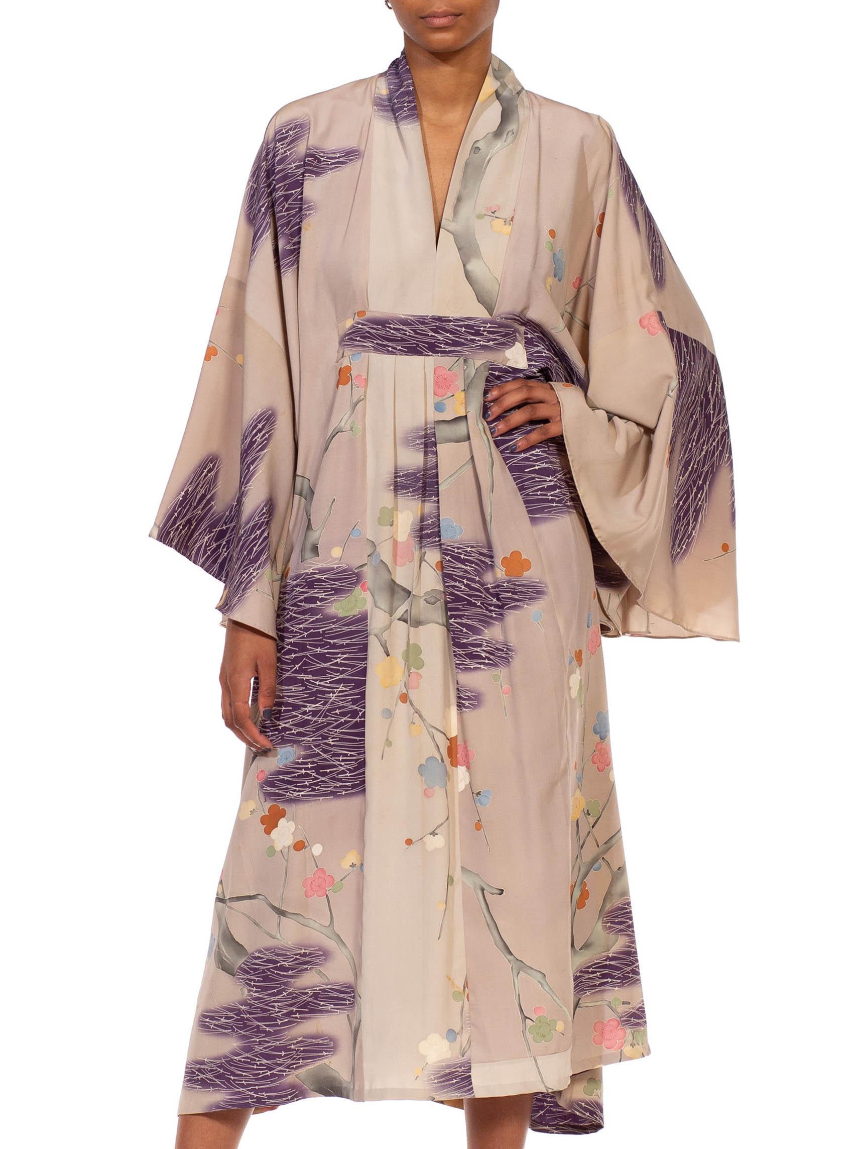 Brown MORPHEW COLLECTION Dusty Purple Silk Hand Painted Kaftan Made From 1950’S Japan For Sale