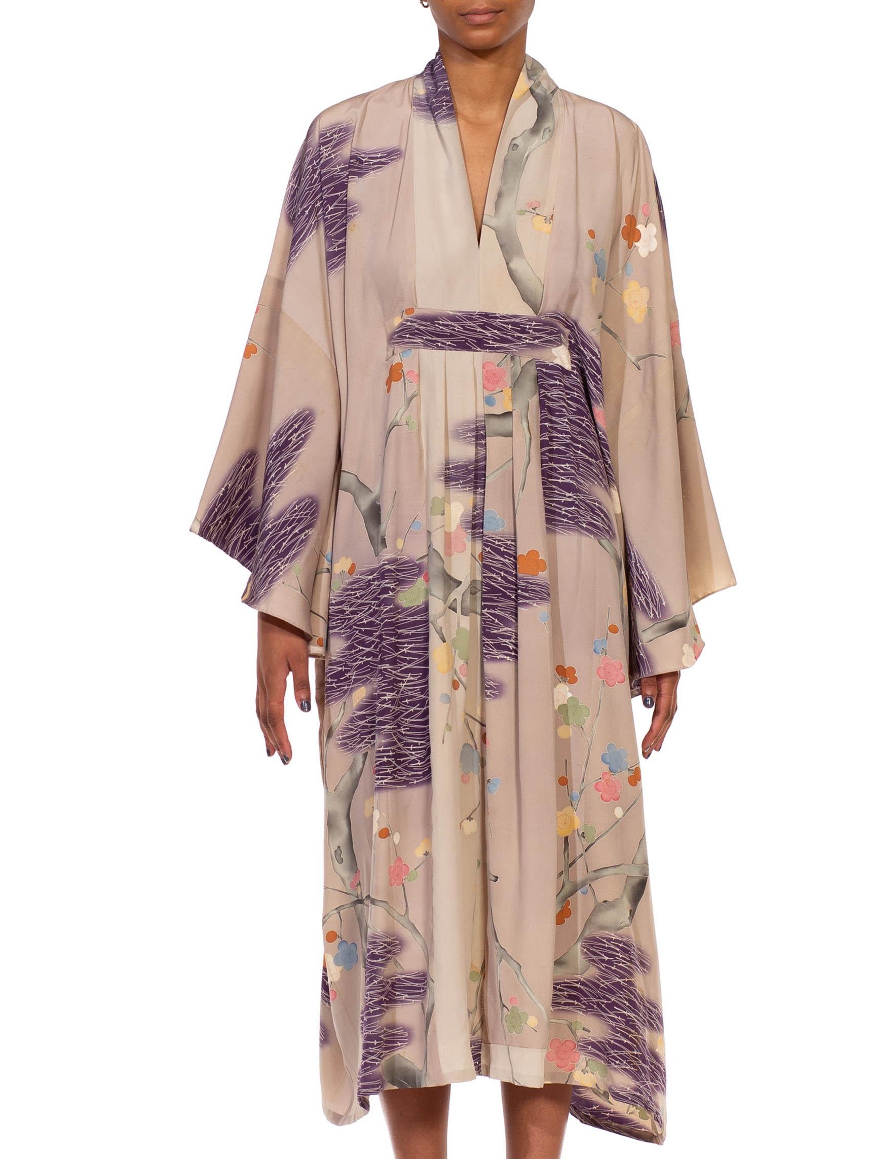 MORPHEW COLLECTION Dusty Purple Silk Hand Painted Kaftan Made From 1950’S Japan In Excellent Condition For Sale In New York, NY