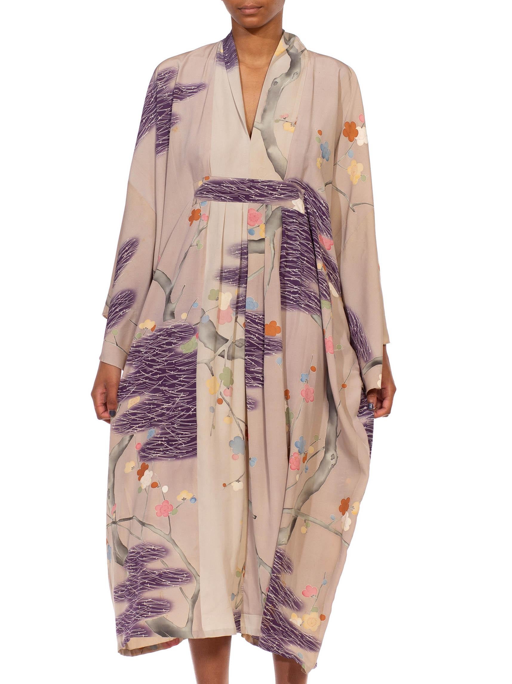 MORPHEW COLLECTION Dusty Purple Silk Hand Painted Kaftan Made From 1950’S Japan For Sale 1