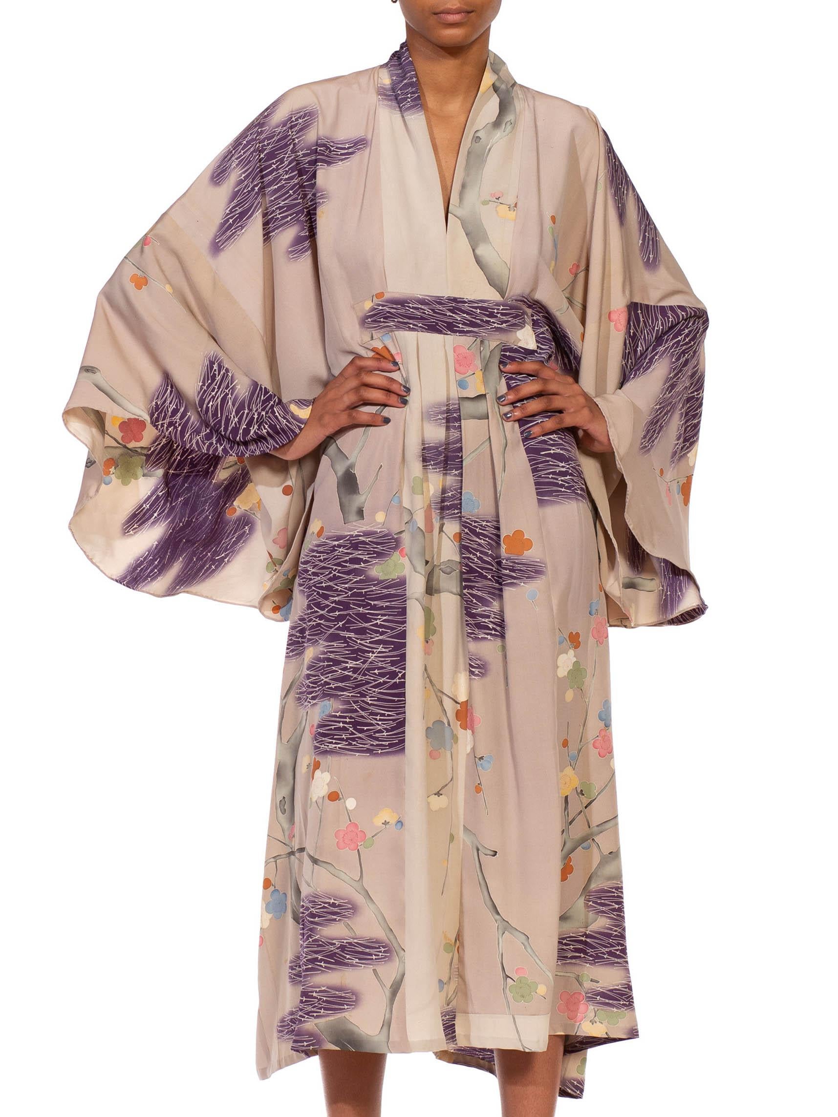 MORPHEW COLLECTION Dusty Purple Silk Hand Painted Kaftan Made From 1950’S Japan For Sale 3
