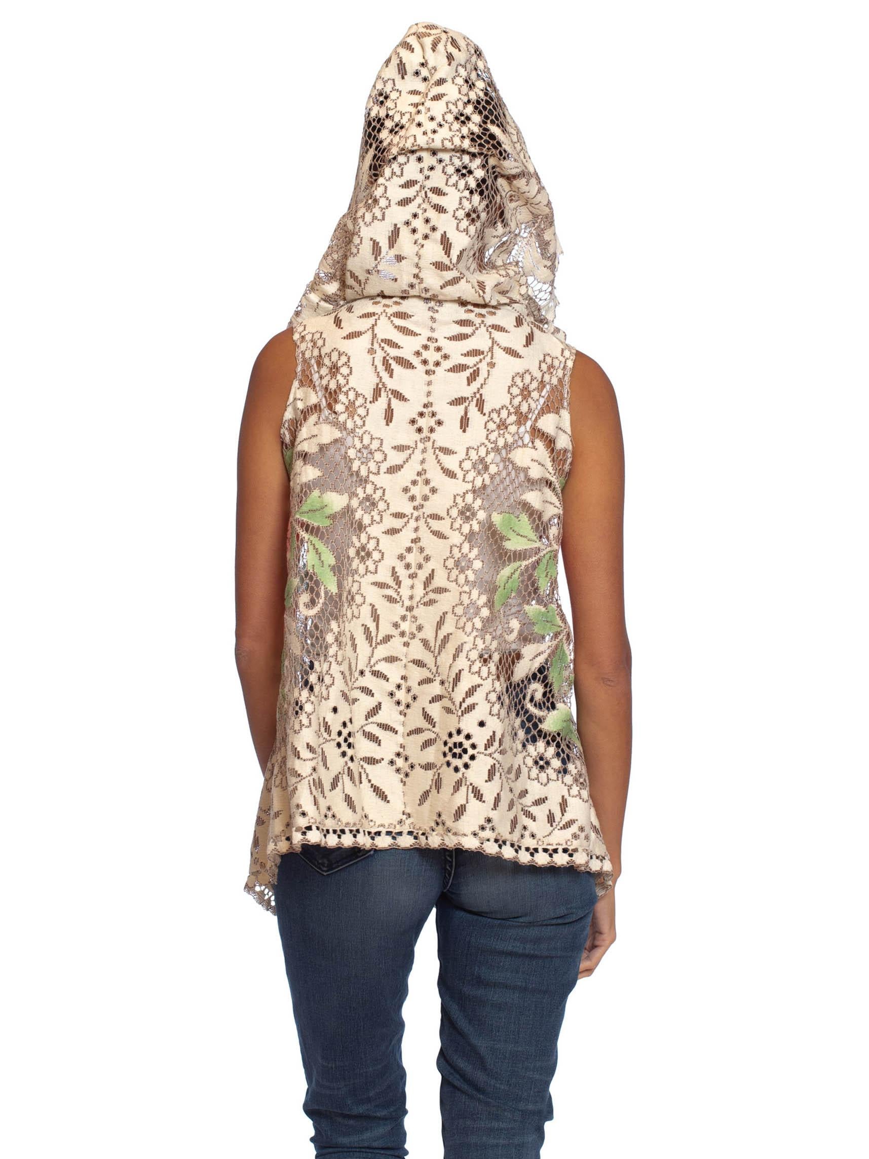 Women's MORPHEW COLLECTION Ecru Cotton Lace Boho Hooded  Vest With Hand Painted Highlig For Sale